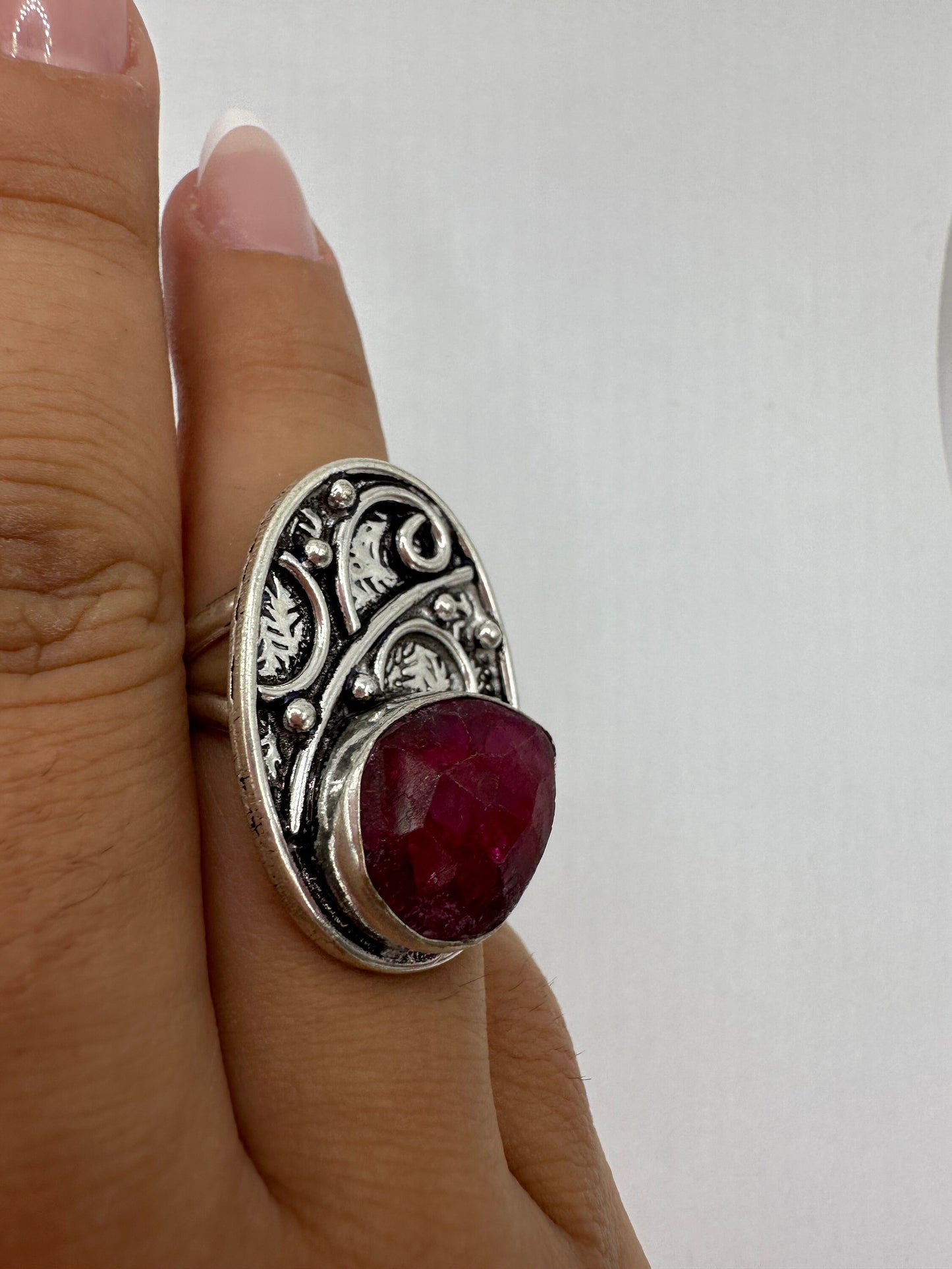 Vintage Raw Pink Ruby Silver Cocktail Ring