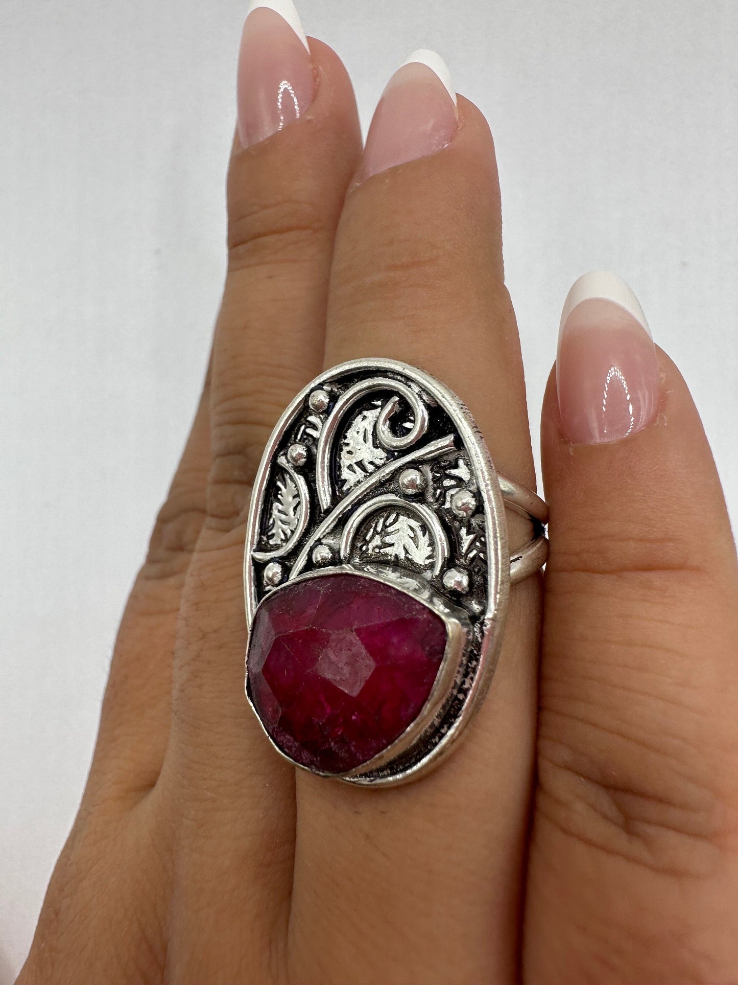 Vintage Raw Pink Ruby Silver Cocktail Ring