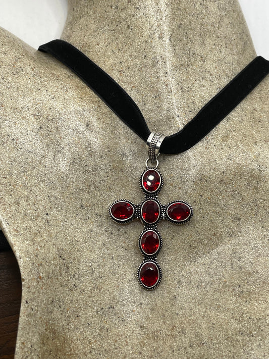 Vintage Red Ruby Glass Cross Choker Black Velvet Necklace.