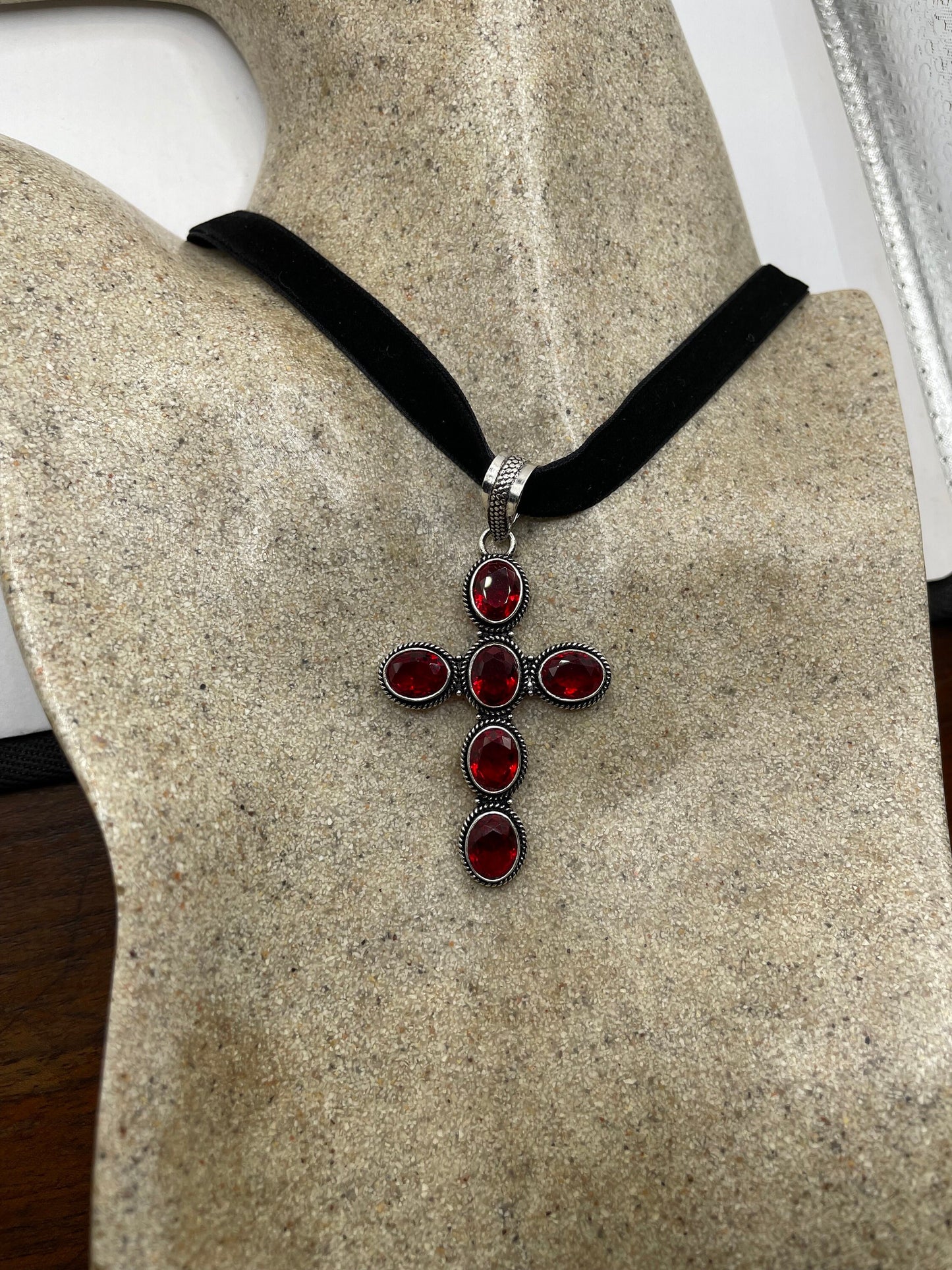 Vintage Red Ruby Glass Cross Choker Black Velvet Necklace.