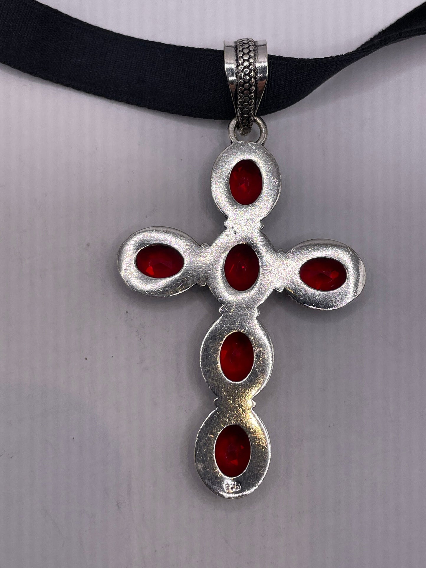 Vintage Red Ruby Glass Cross Choker Black Velvet Necklace.