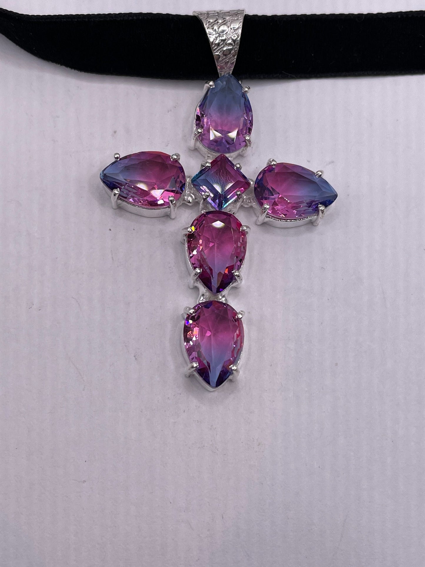 Vintage Pink Blue Glass Cross Choker Black Velvet Necklace.