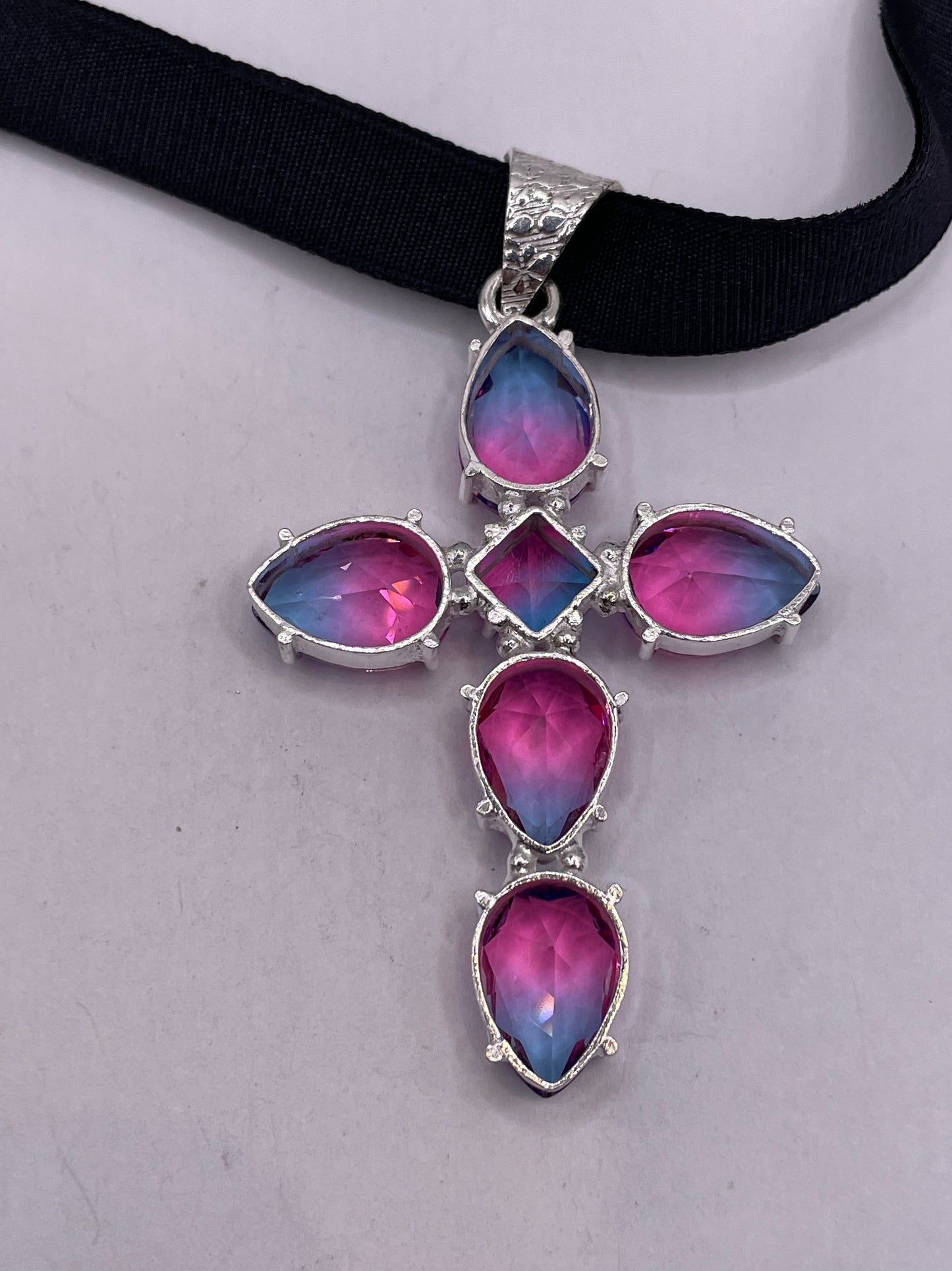 Vintage Pink Blue Glass Cross Choker Black Velvet Necklace.