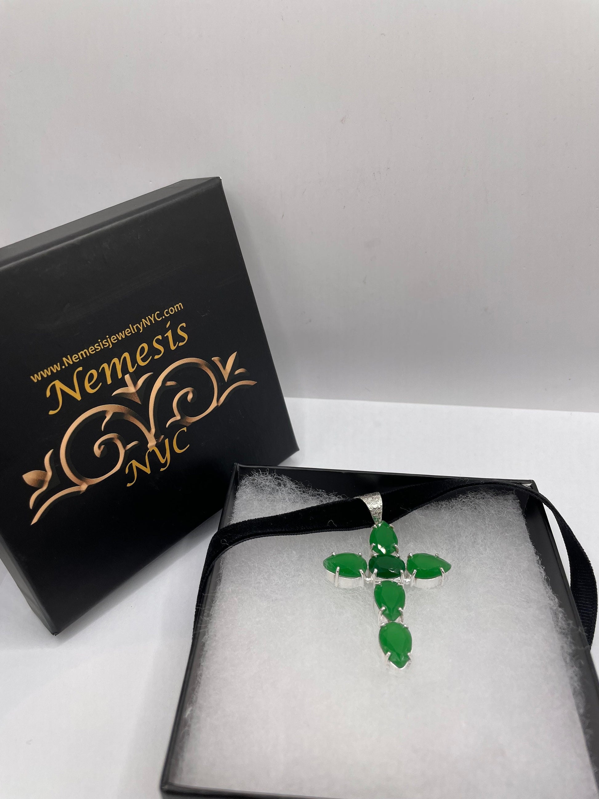 Vintage Green Emerald Glass Cross Choker Pendant