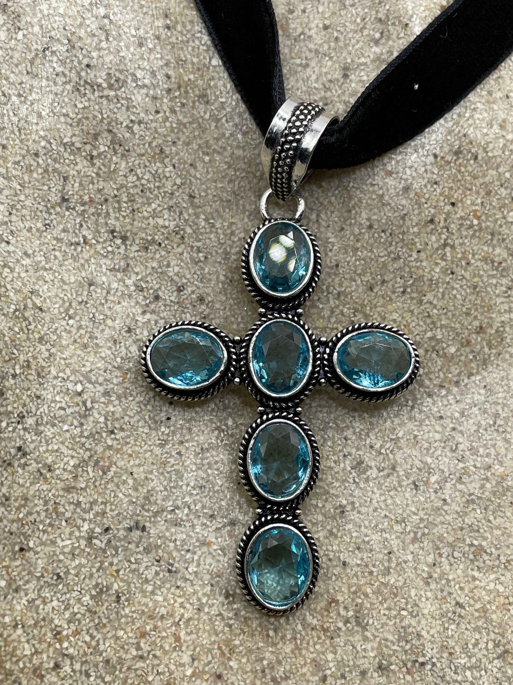 Vintage Blue Topaz Cross Choker Black Velvet Ribbon Pendant