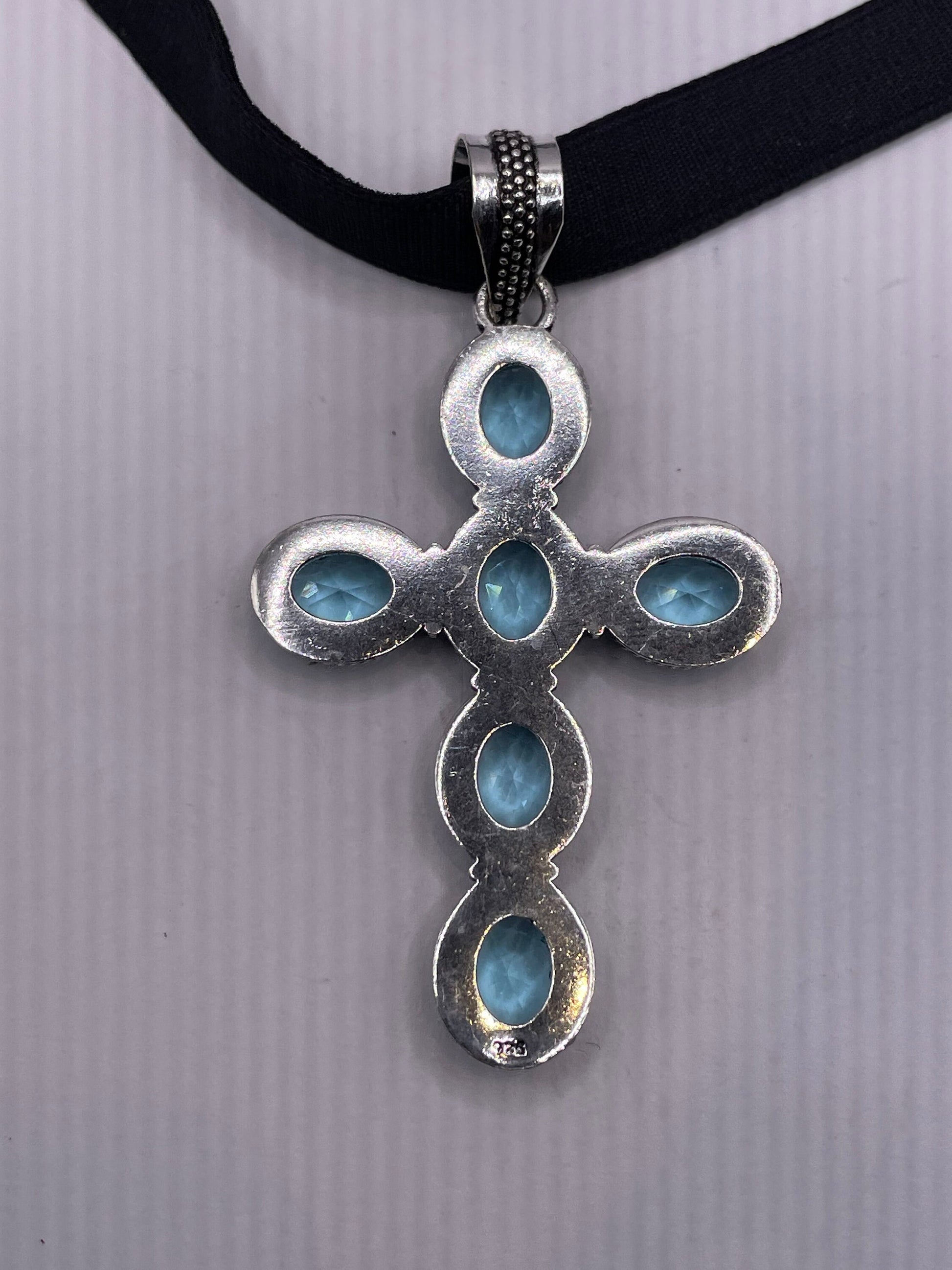 Vintage Blue Topaz Cross Choker Black Velvet Ribbon Pendant