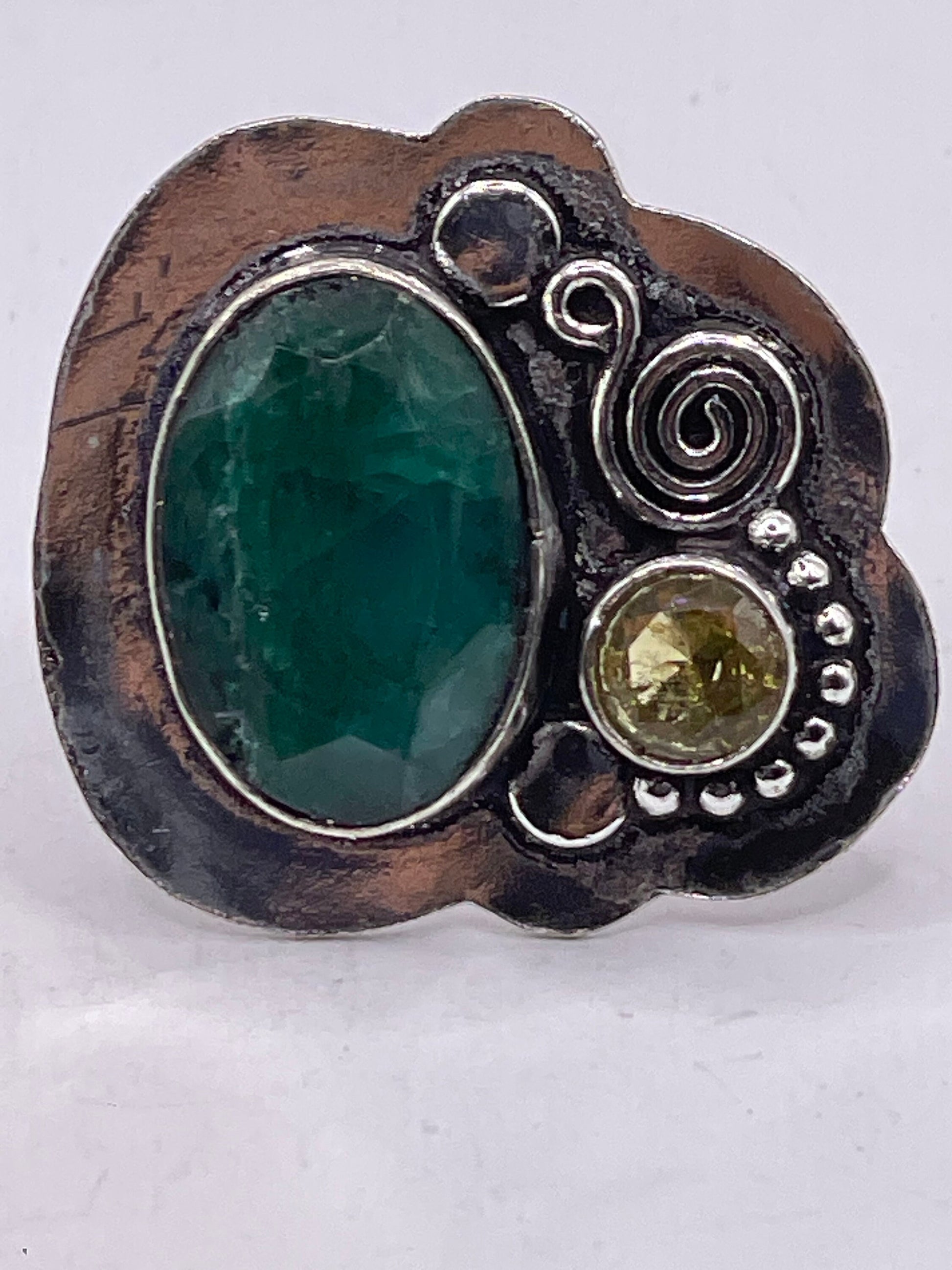 Vintage Green Raw Emerald Silver Bronze Statement Boho Ring