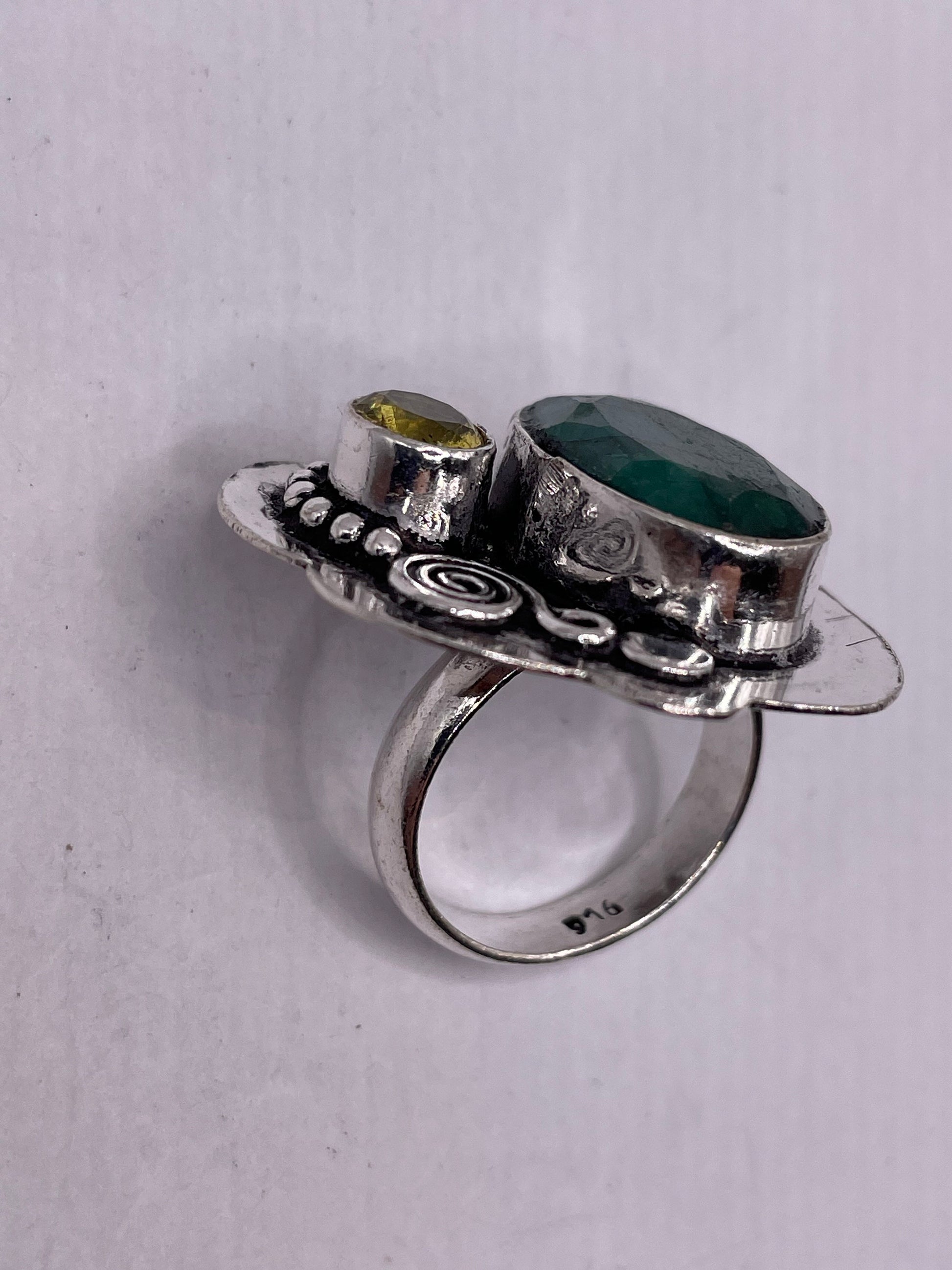 Vintage Green Raw Emerald Silver Bronze Statement Boho Ring