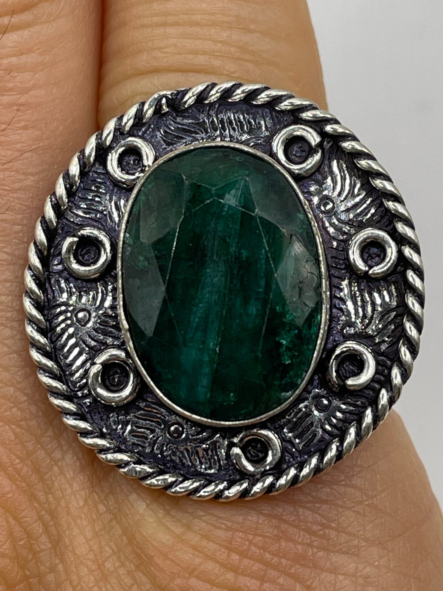 Vintage Green Raw Emerald Silver Bronze Statement Boho Ring