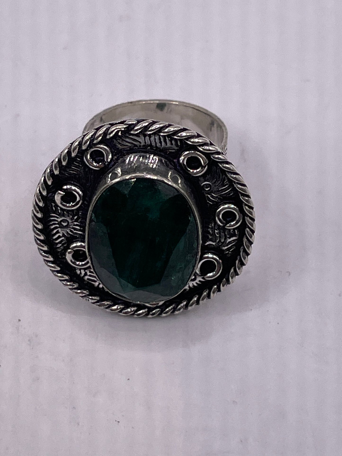 Vintage Green Raw Emerald Silver Bronze Statement Boho Ring