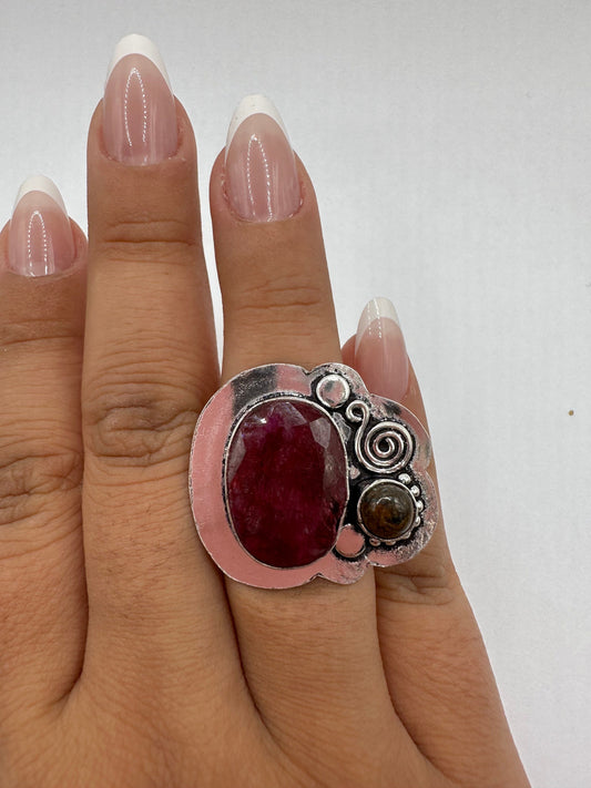 Vintage Raw Pink Ruby Silver Boho Statement Ring