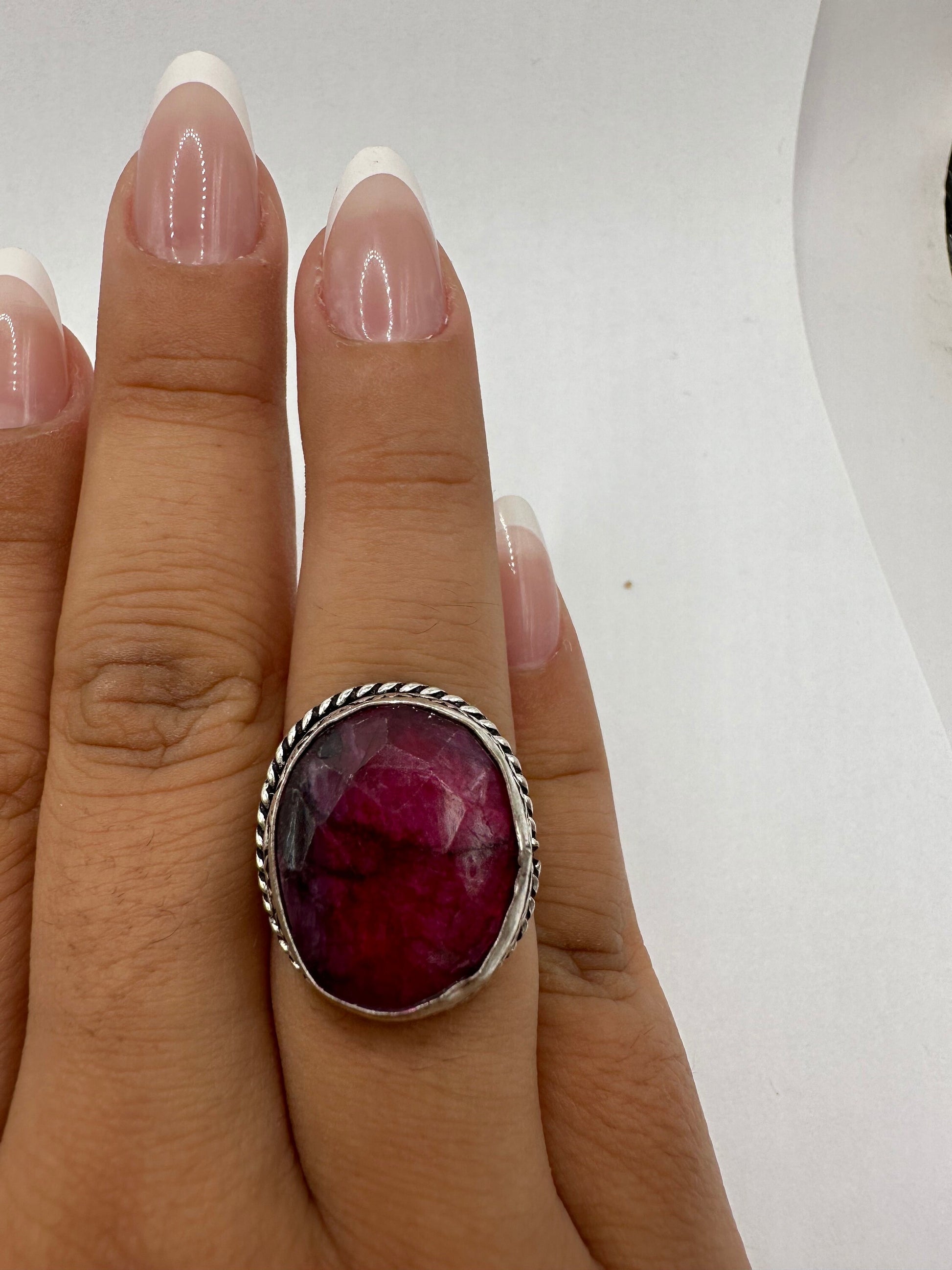 Vintage Raw Pink Ruby Silver Boho Ring