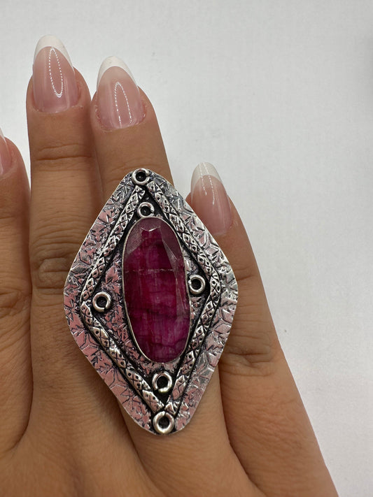 Vintage Raw Pink Ruby Silver Boho Chunky Ring