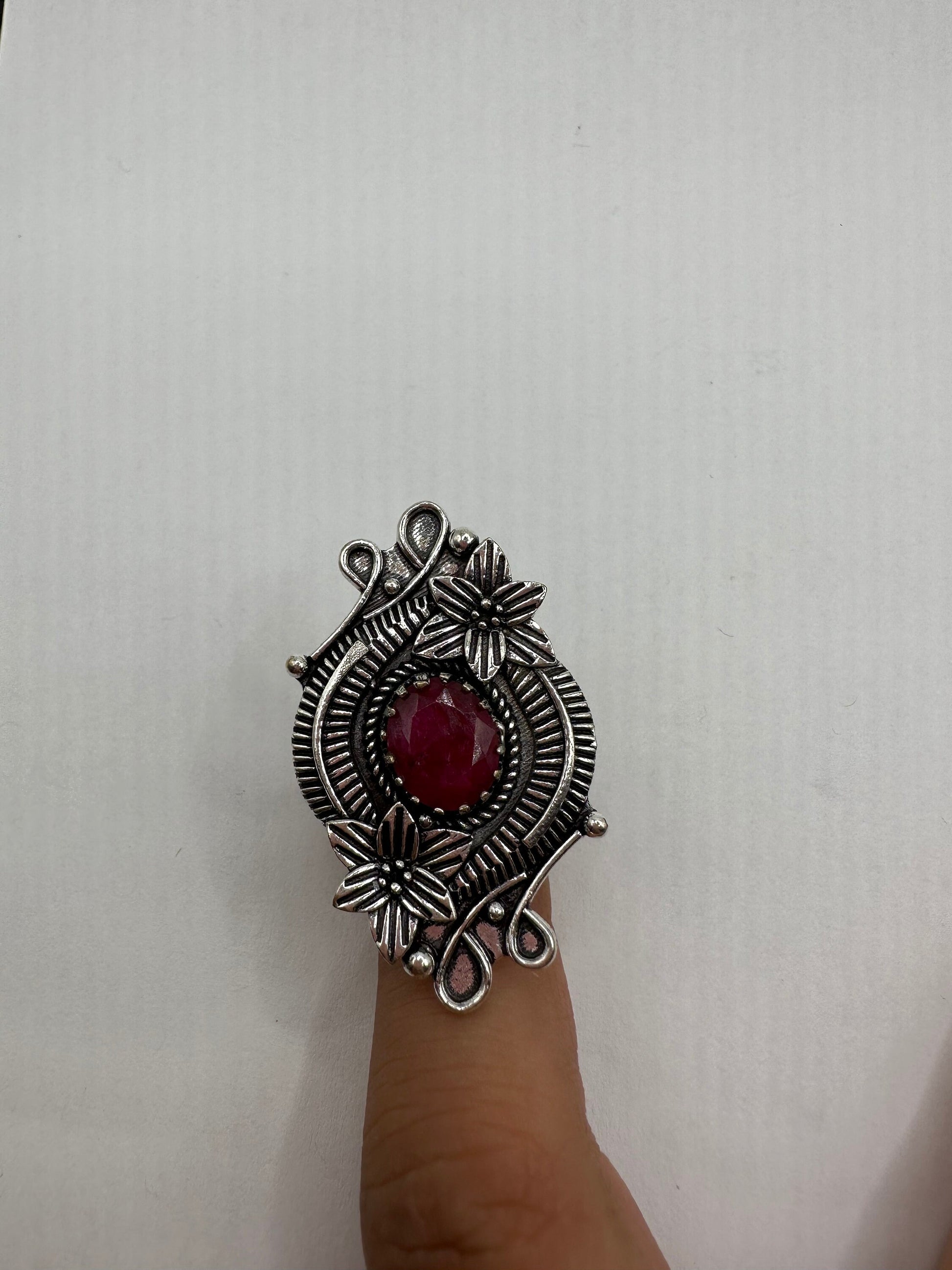 Vintage Raw Pink Ruby Silver Chunky Boho Ring