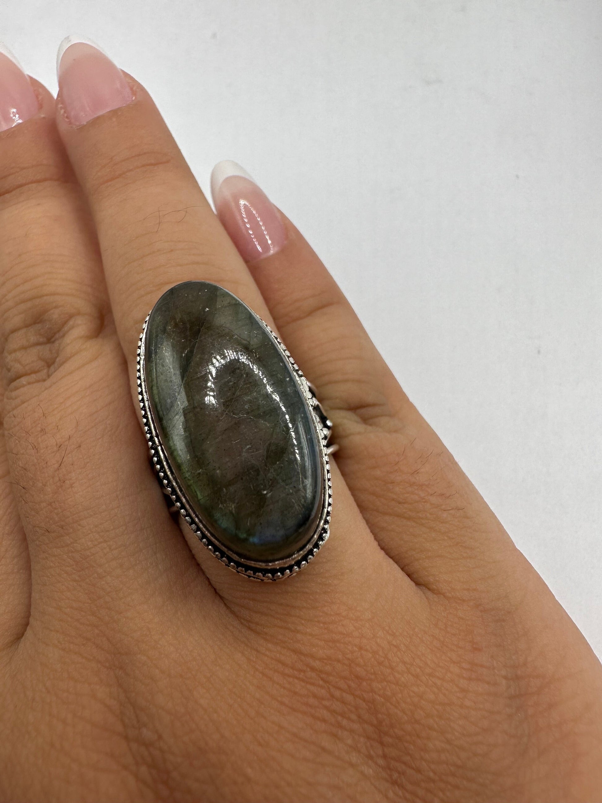 Vintage Large Labradorite Rainbow Moonstone Stone Silver Ring