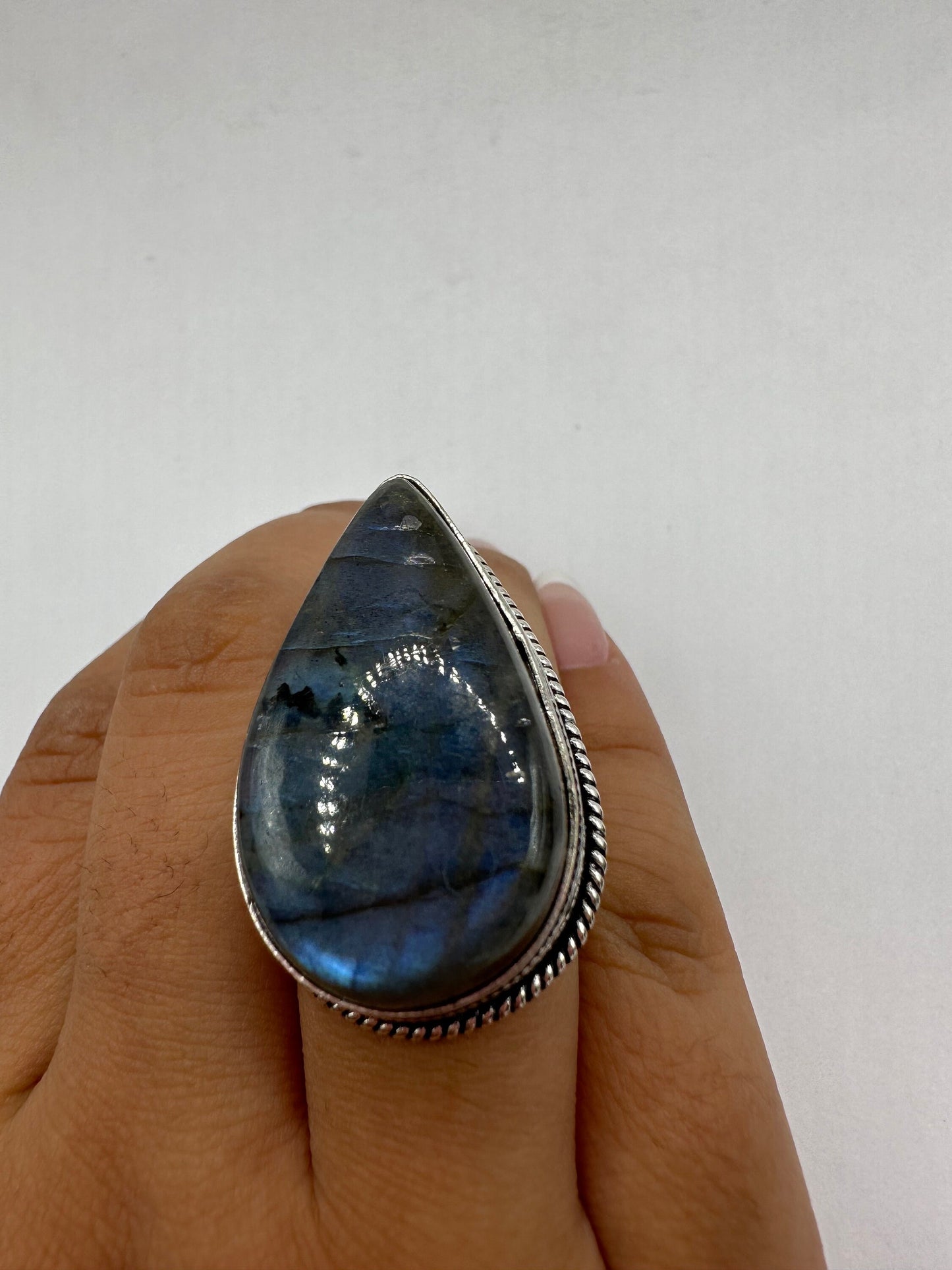 Vintage Large Labradorite Rainbow Moonstone Stone Silver Ring