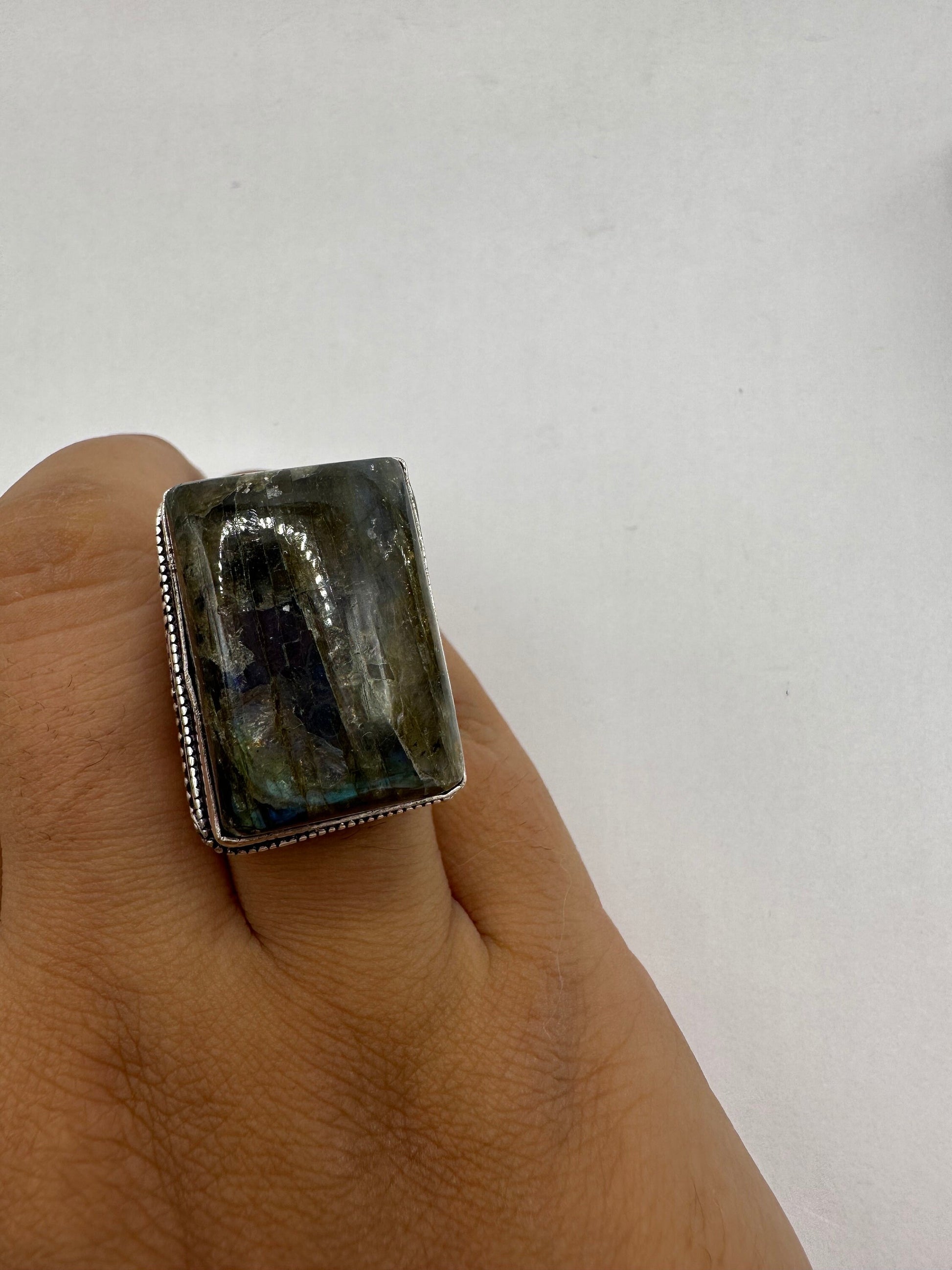 Vintage Large Labradorite Rainbow Moonstone Stone Silver Ring