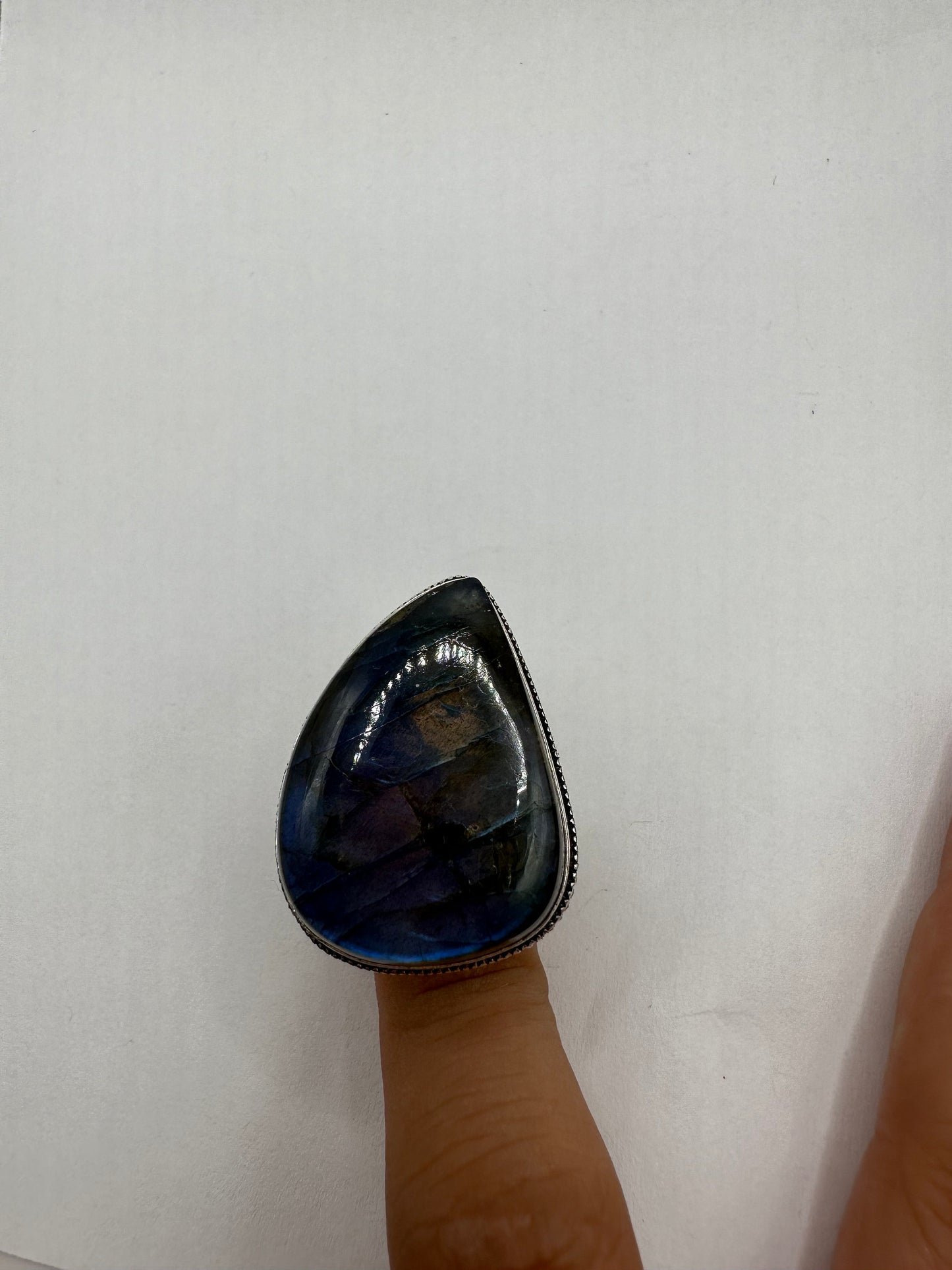 Vintage Large Labradorite Rainbow Moonstone Stone Silver Ring