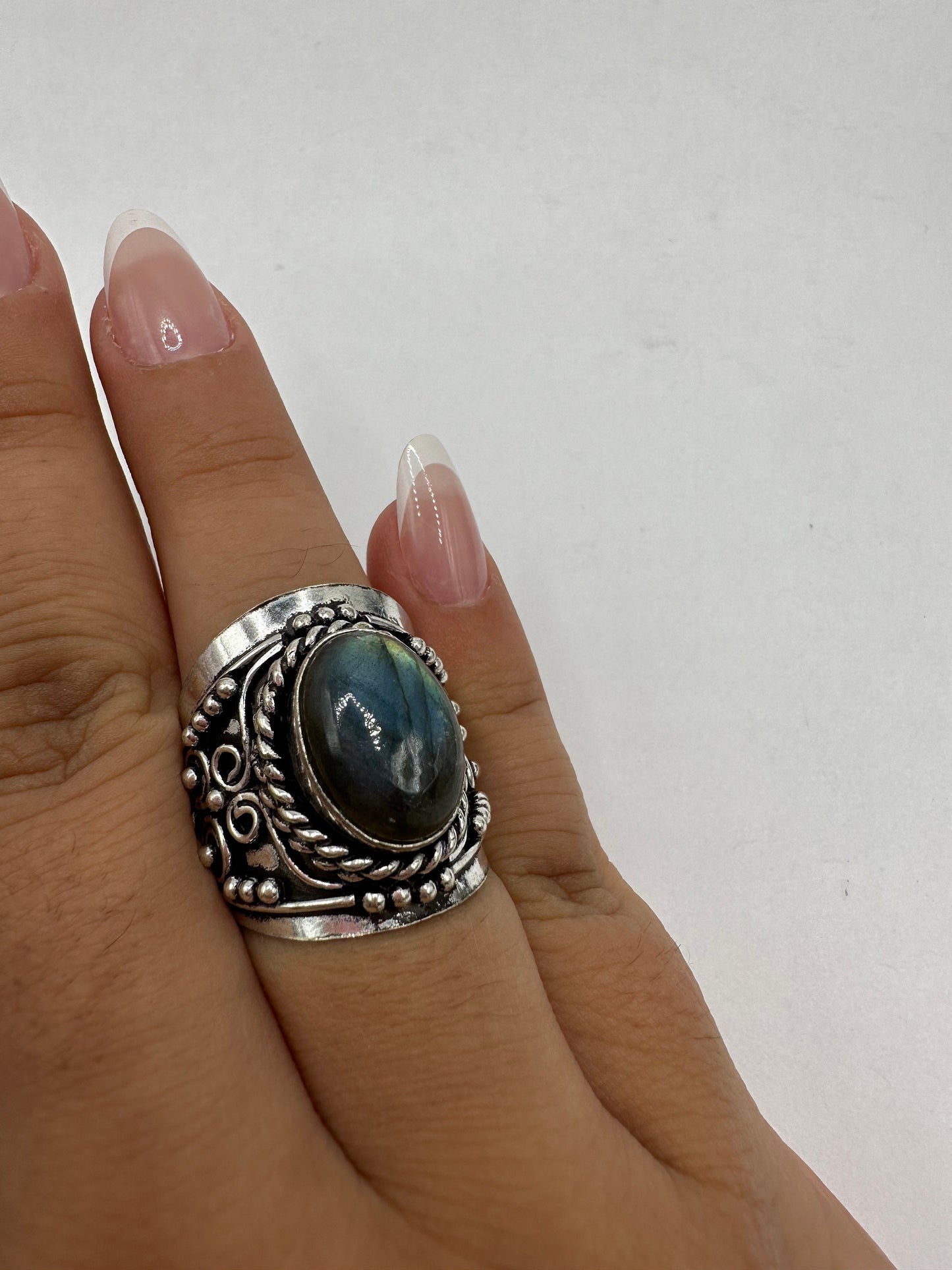 Vintage Large Labradorite Rainbow Moonstone Stone Silver Ring