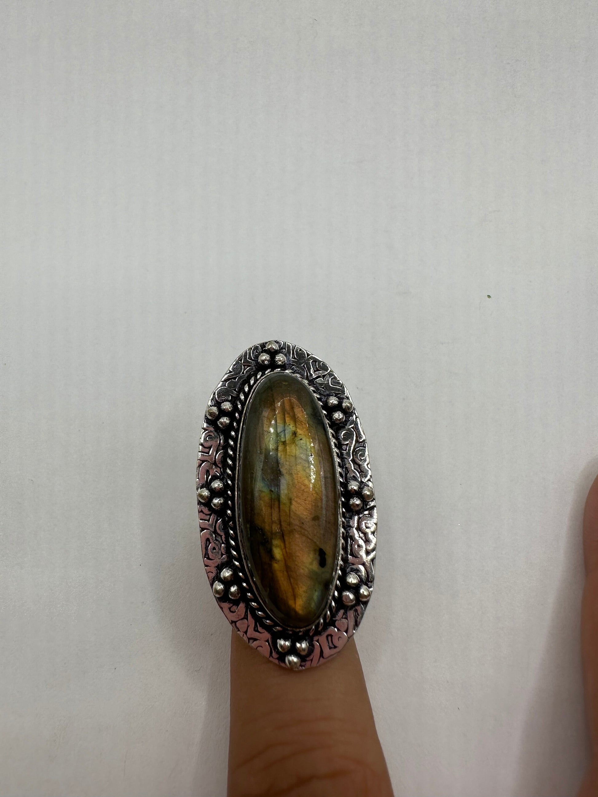 Vintage Large Labradorite Rainbow Moonstone Stone Silver Ring