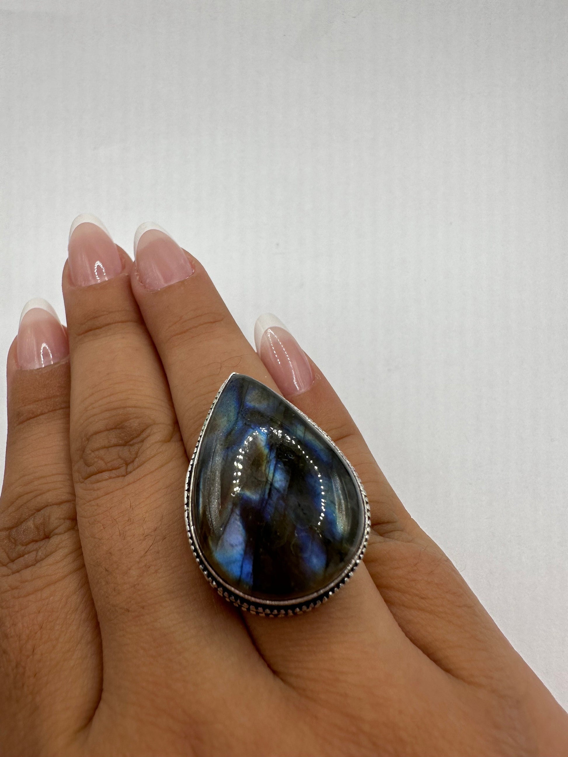 Vintage Large Labradorite Rainbow Moonstone Stone Silver Ring