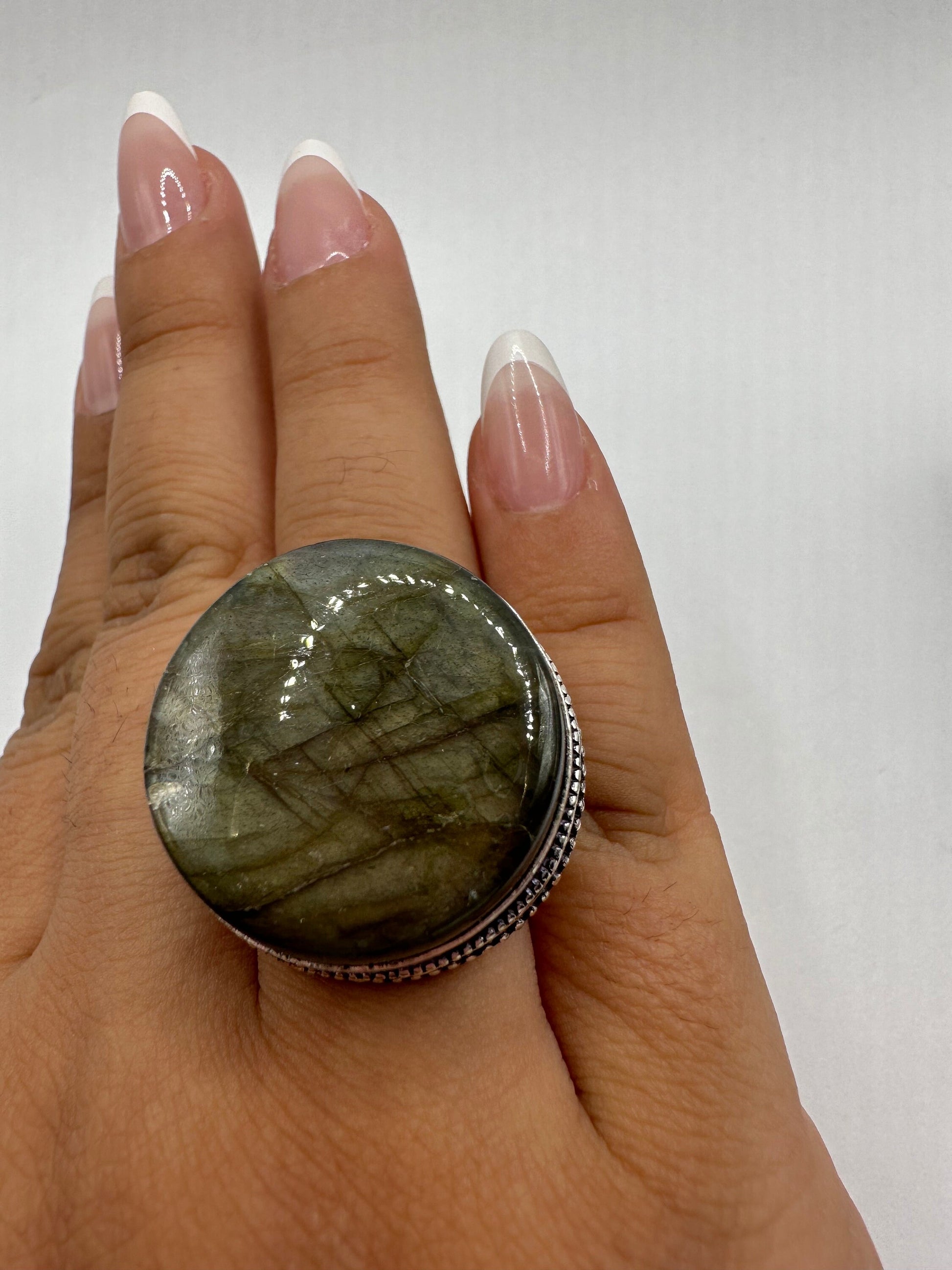 Vintage Large Labradorite Rainbow Moonstone Stone Silver Ring