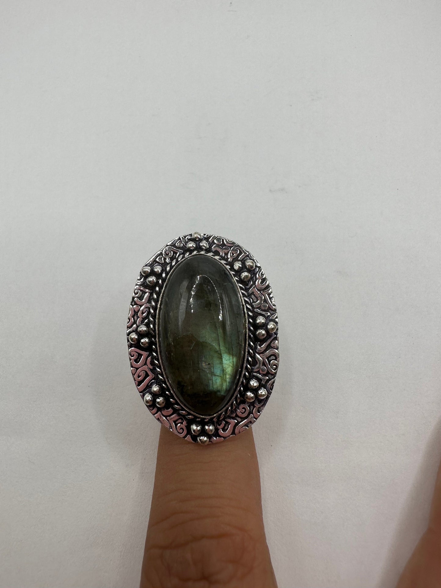 Vintage Large Labradorite Rainbow Moonstone Stone Silver Ring