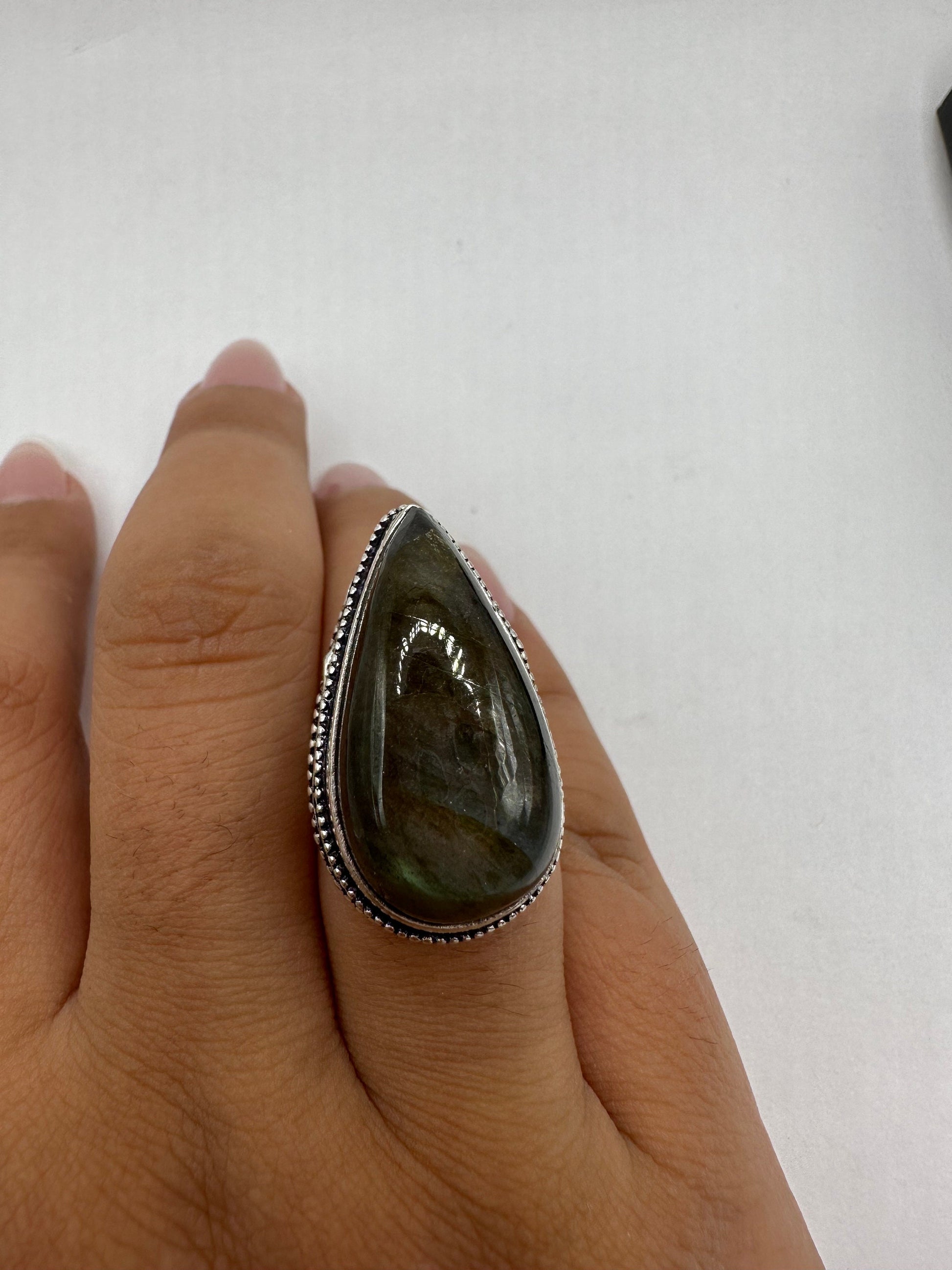 Vintage Large Labradorite Rainbow Moonstone Stone Silver Ring