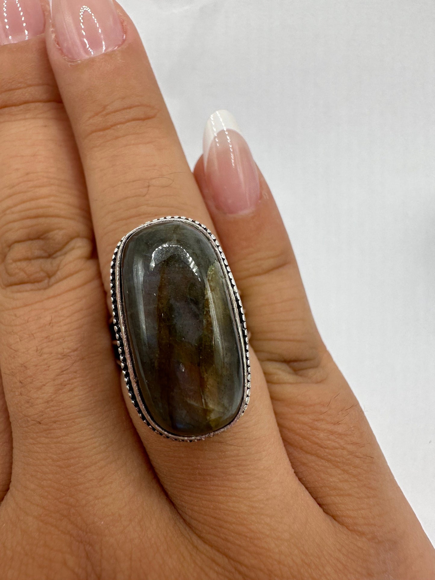 Vintage Large Labradorite Rainbow Moonstone Stone Silver Ring