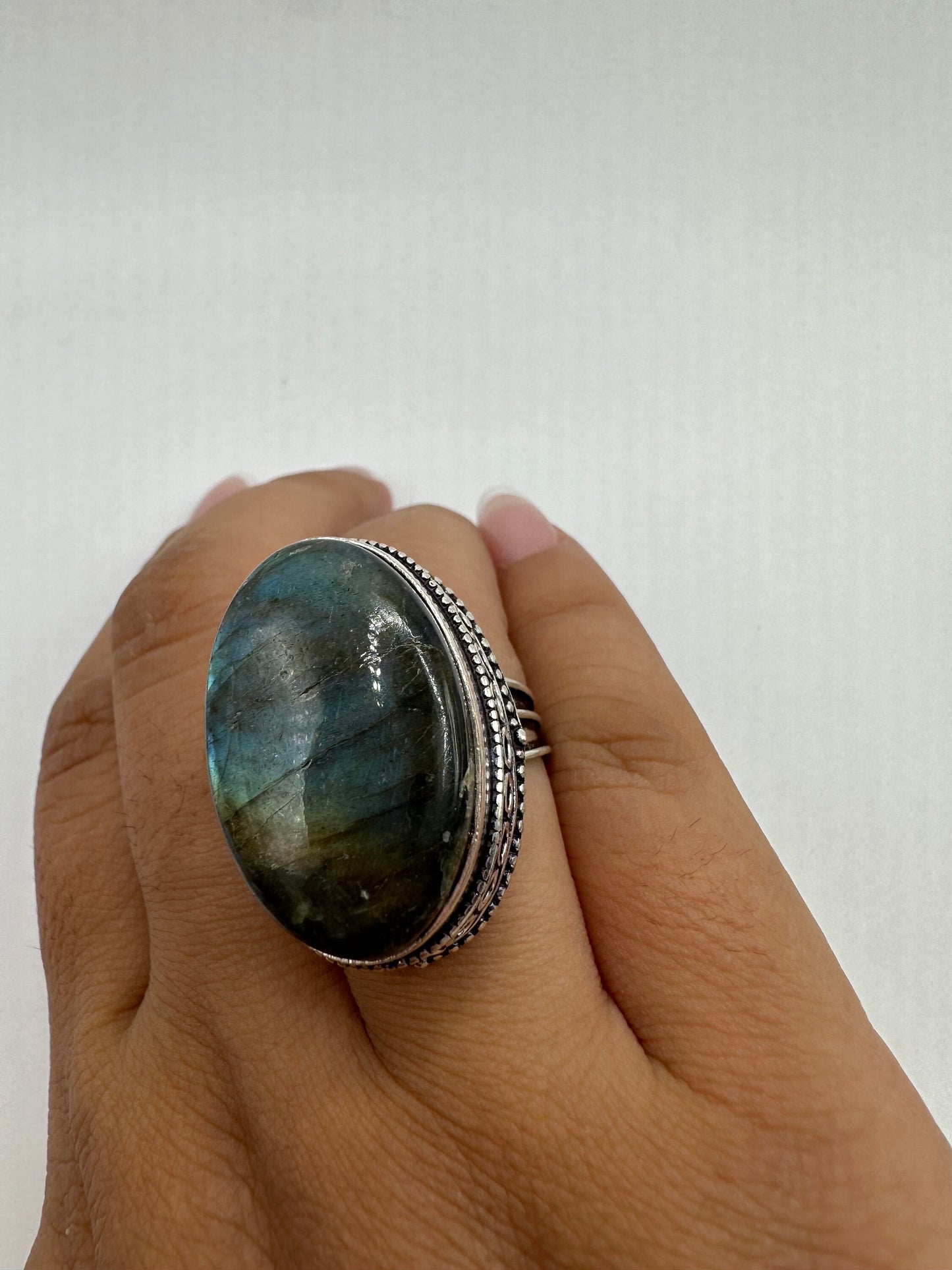 Vintage Large Labradorite Rainbow Moonstone Stone Silver Ring