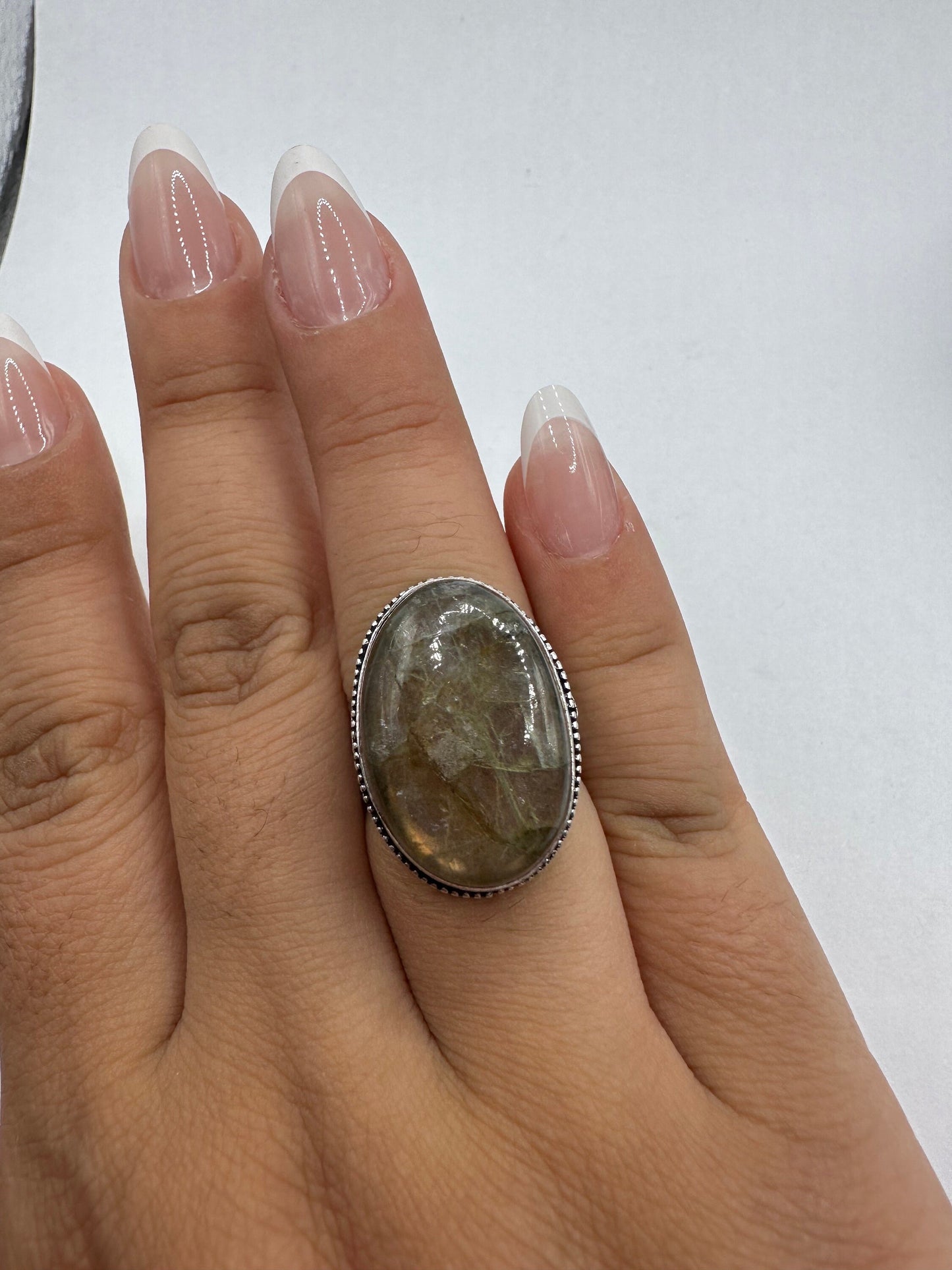 Vintage Large Labradorite Rainbow Moonstone Stone Silver Ring