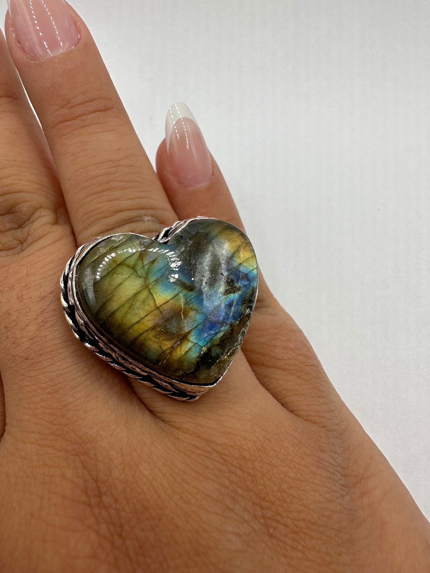 Vintage Large Labradorite Rainbow Moonstone Stone Silver Ring