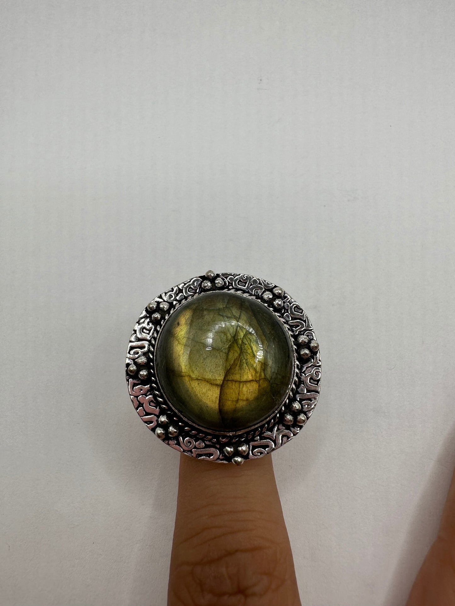 Vintage Large Labradorite Rainbow Moonstone Stone Silver Ring