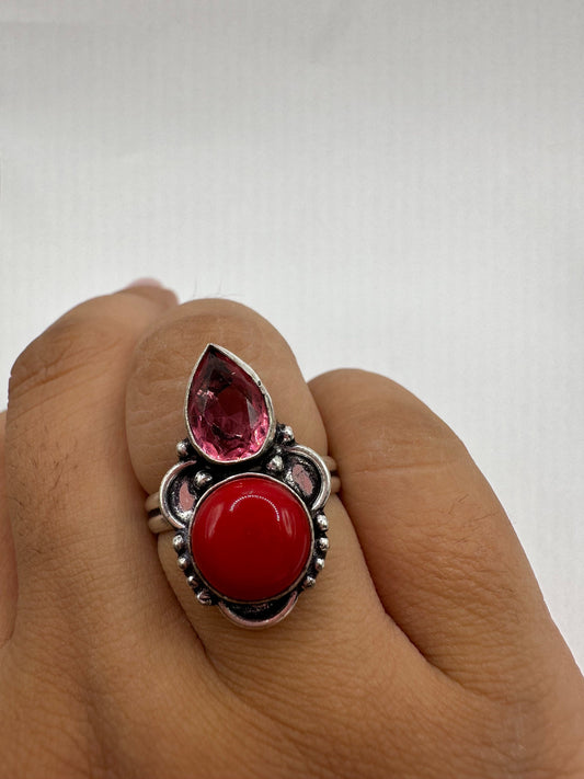 Vintage Red Coral Boho Ring Size 7