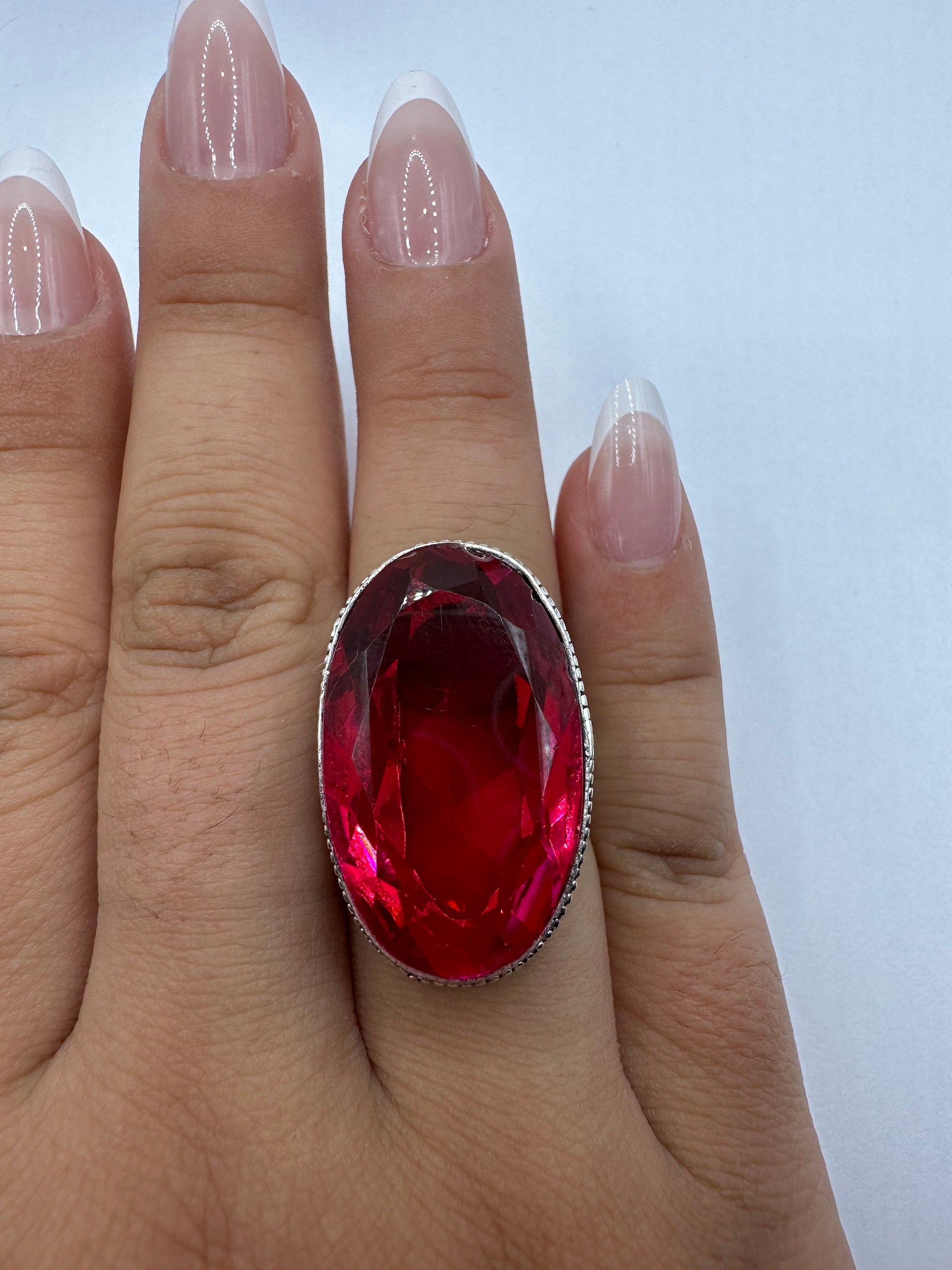 Vintage Red Ruby Glass White Bronze Silver Gothic Ring