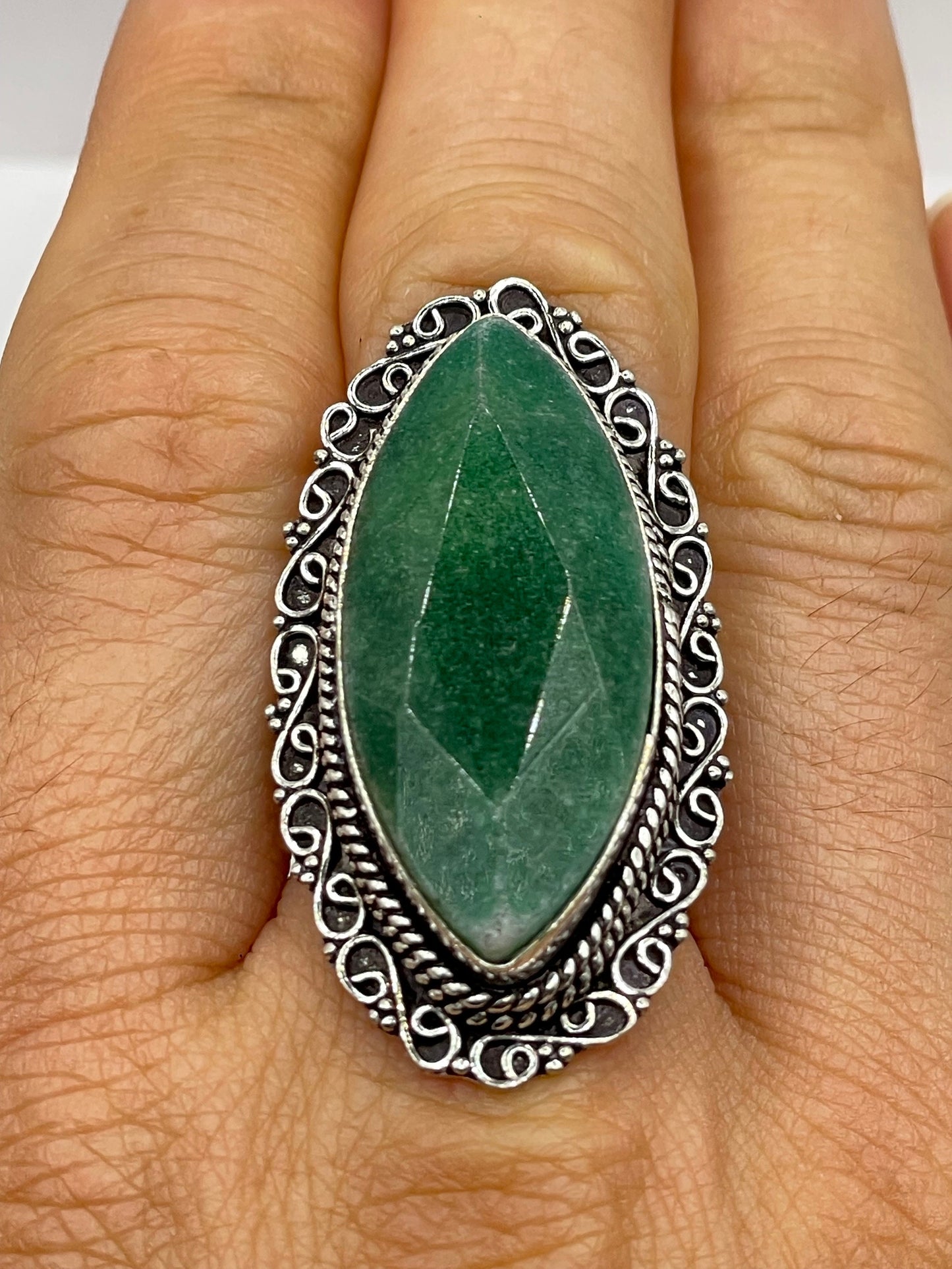 Vintage Green Raw Emerald Silver Bronze Statement Boho Ring