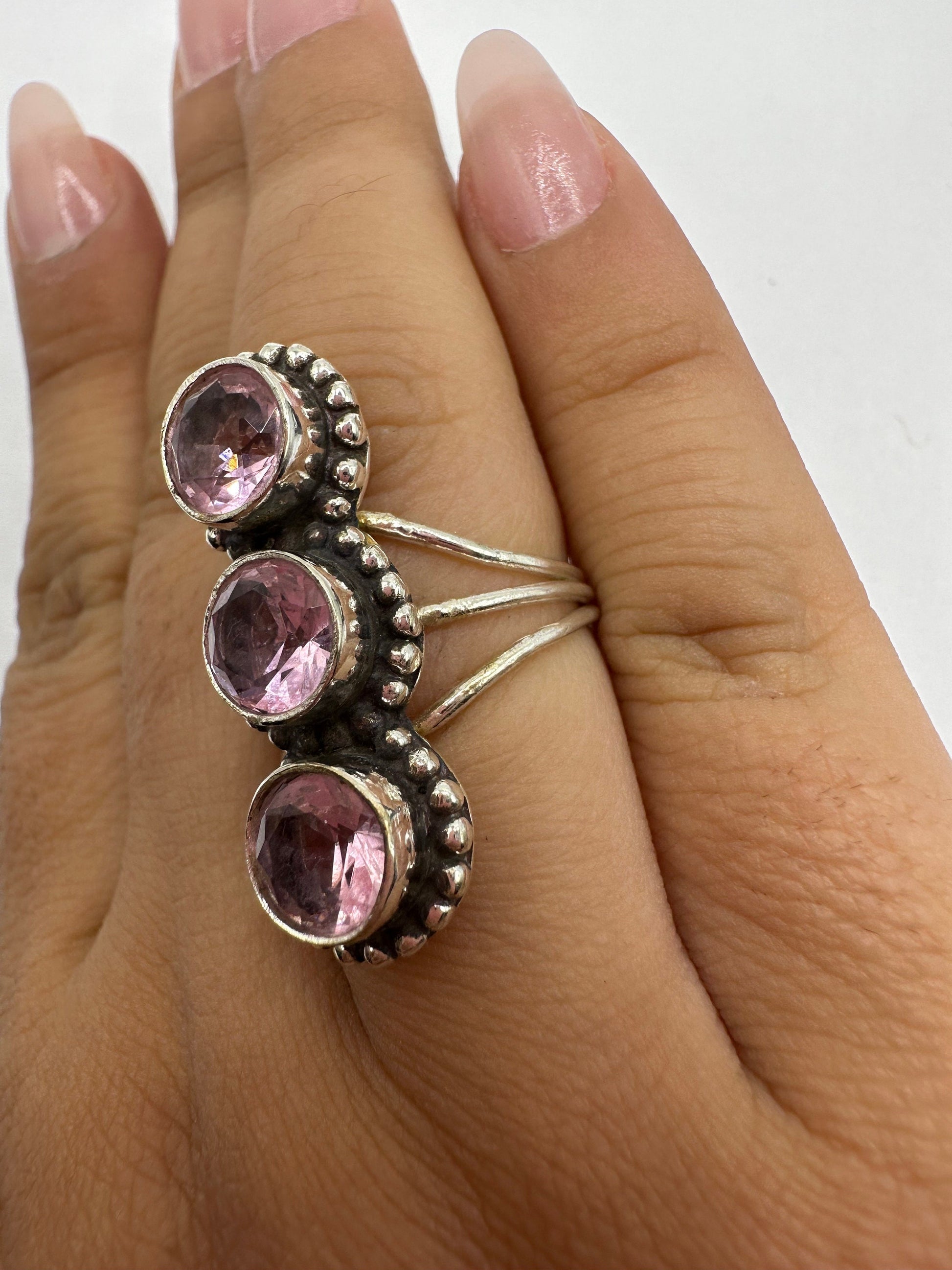 Vintage 1970's Genuine Rose Quartz Silver Statement Ring