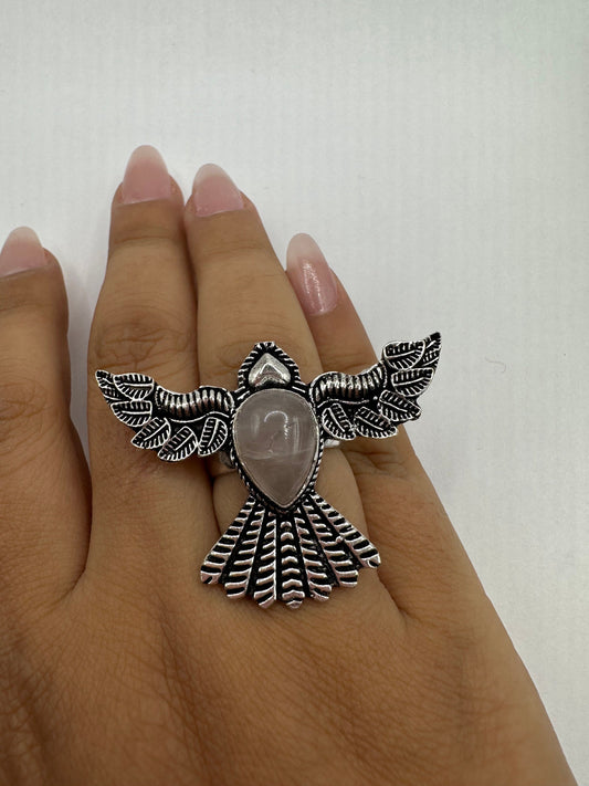 Vintage 1970's Genuine Rose Quartz Silver Statement Ring