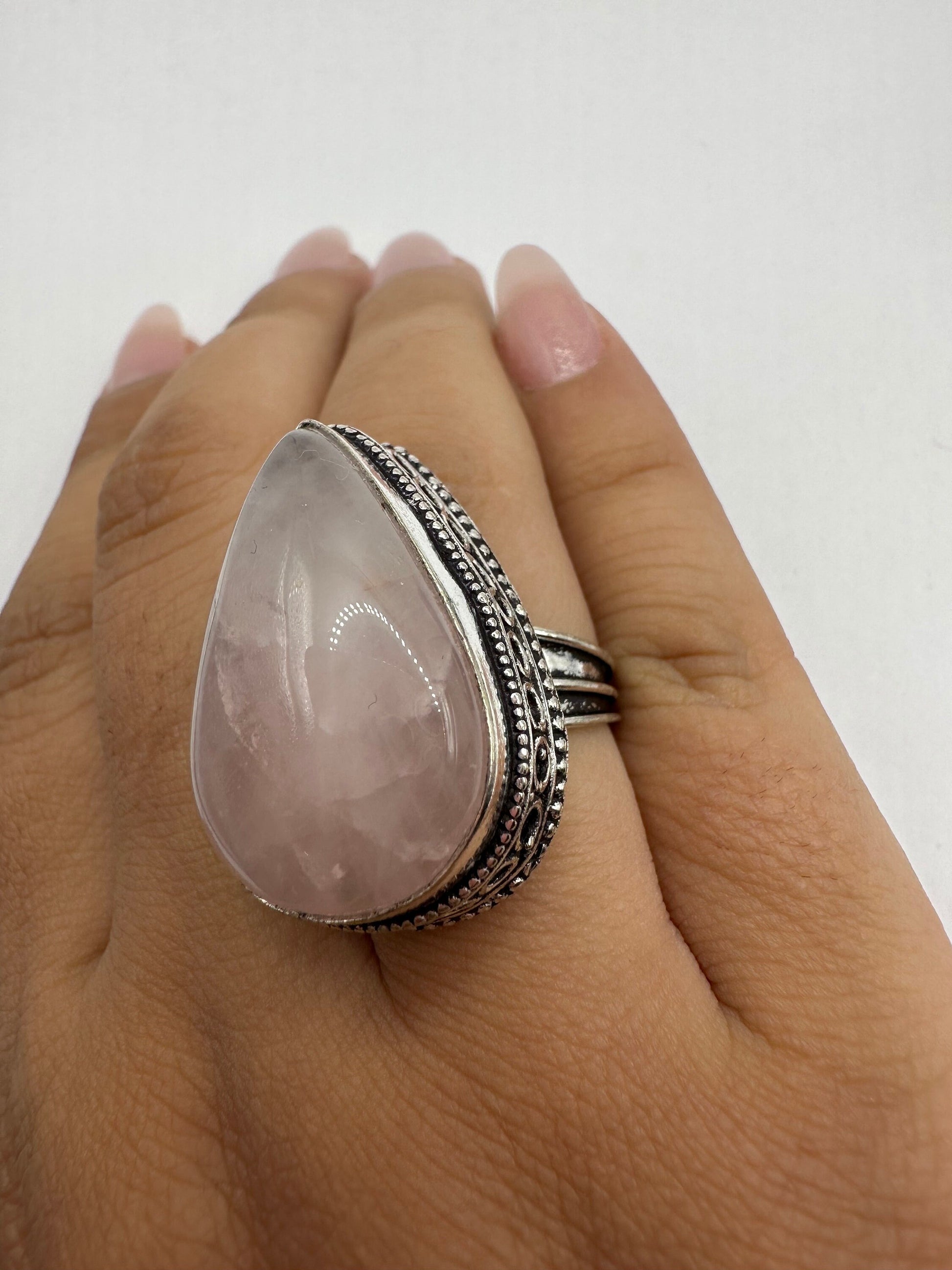 Vintage 1970's Genuine Rose Quartz Silver Statement Ring