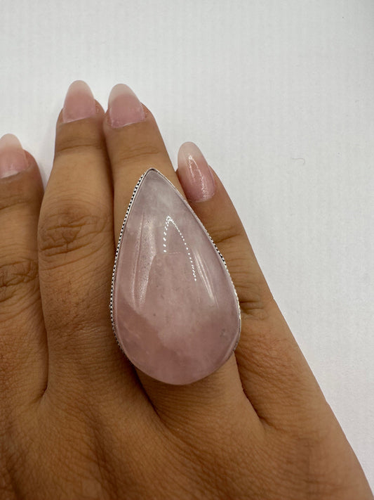 Vintage 1970's Genuine Rose Quartz Silver Statement Ring