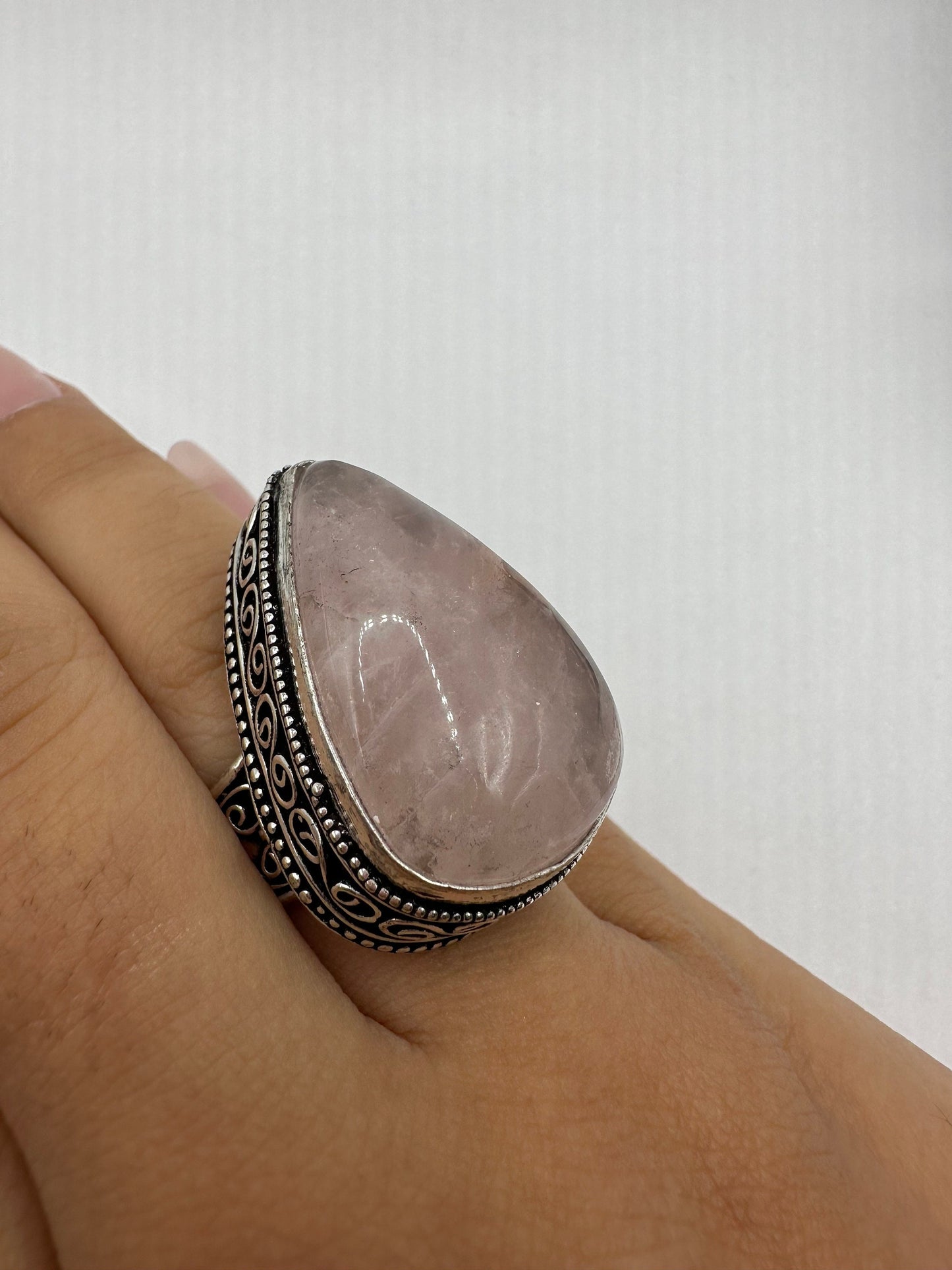 Vintage 1970's Genuine Rose Quartz Silver Statement Ring