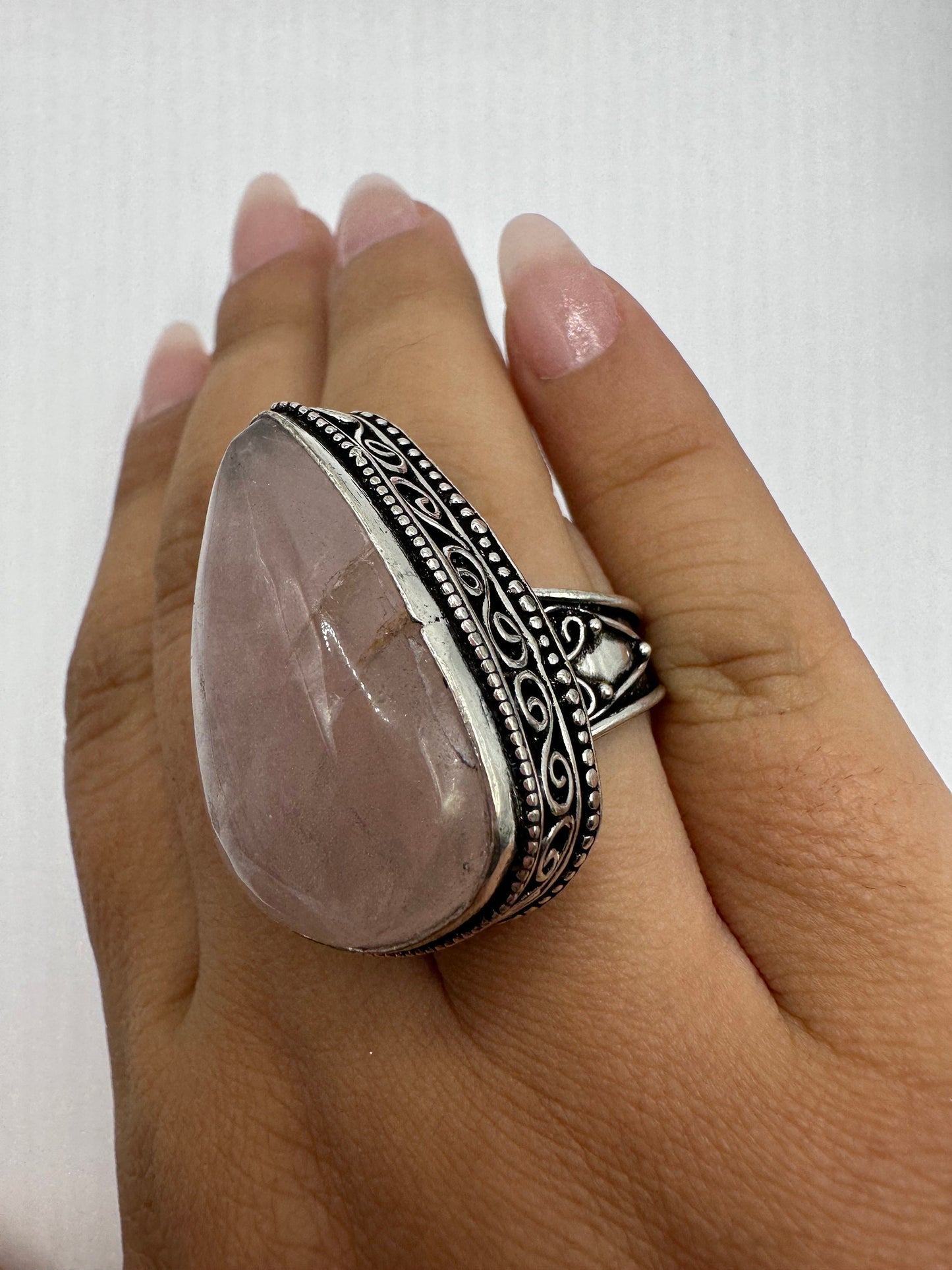 Vintage 1970's Genuine Rose Quartz Silver Statement Ring