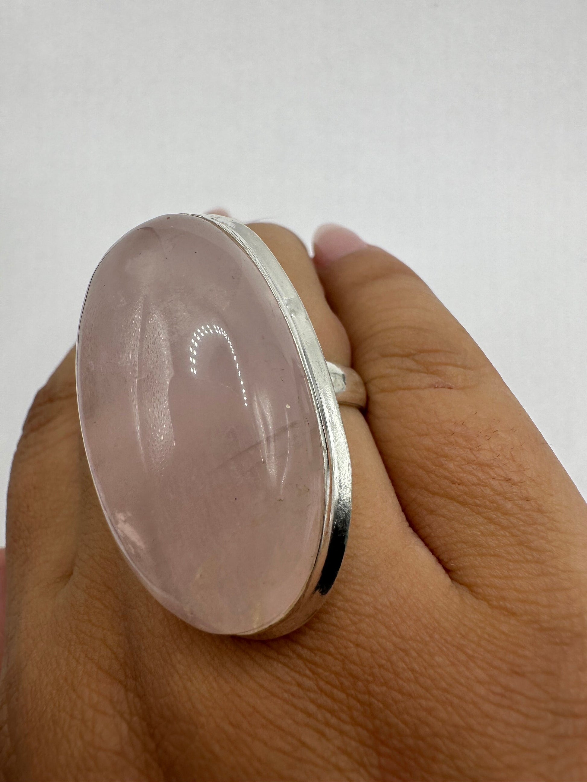 Vintage 1970's Genuine Rose Quartz Silver Statement Ring