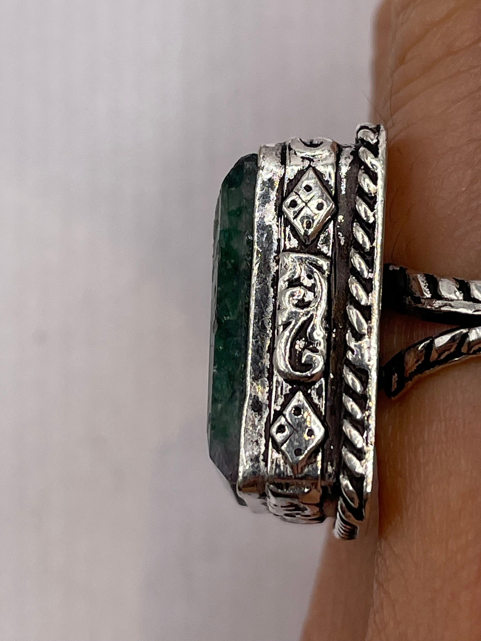 Vintage Green Raw Emerald Silver Bronze Statement Boho Ring