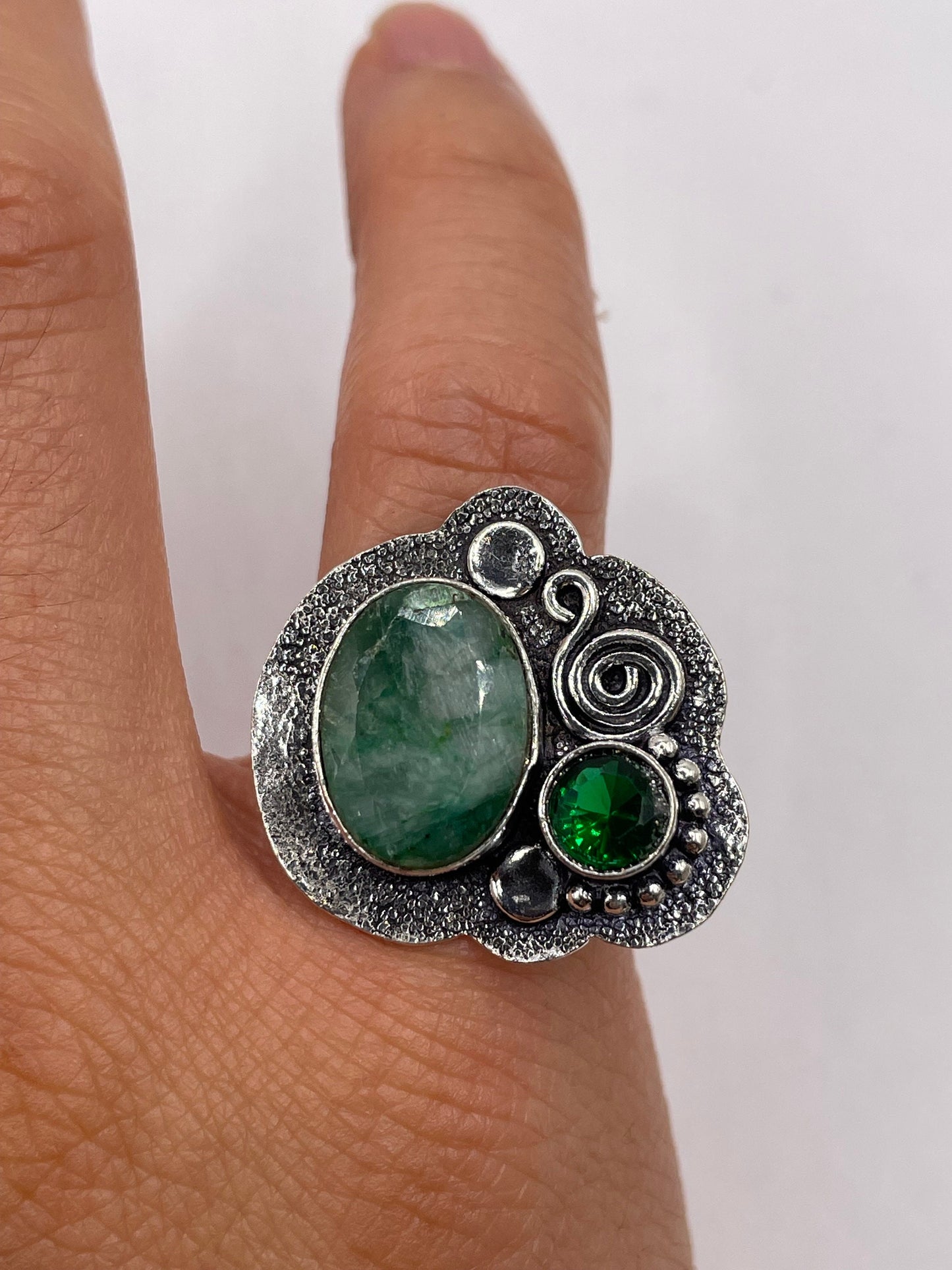 Vintage Green Raw Emerald Silver Bronze Statement Boho Ring