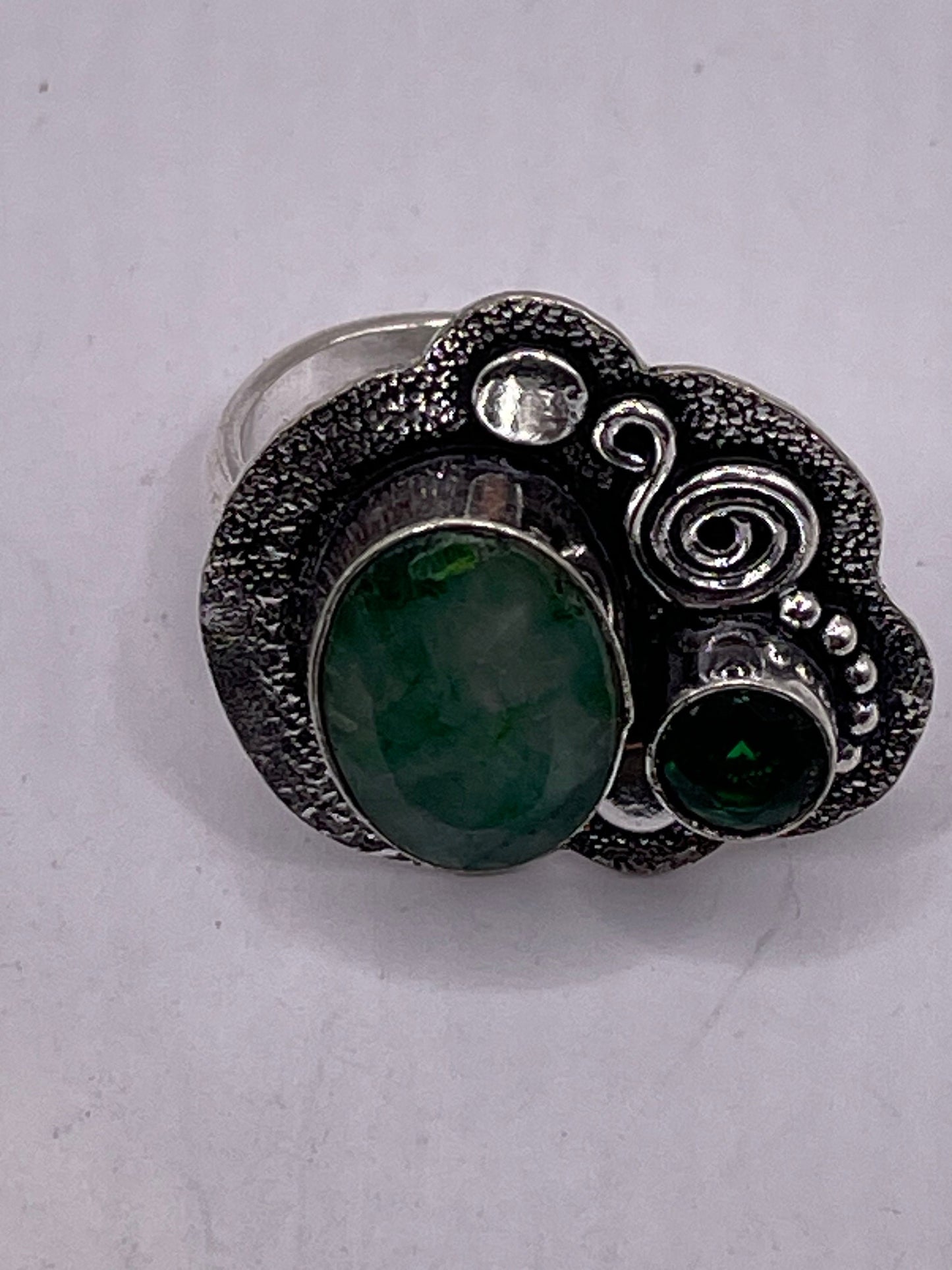 Vintage Green Raw Emerald Silver Bronze Statement Boho Ring