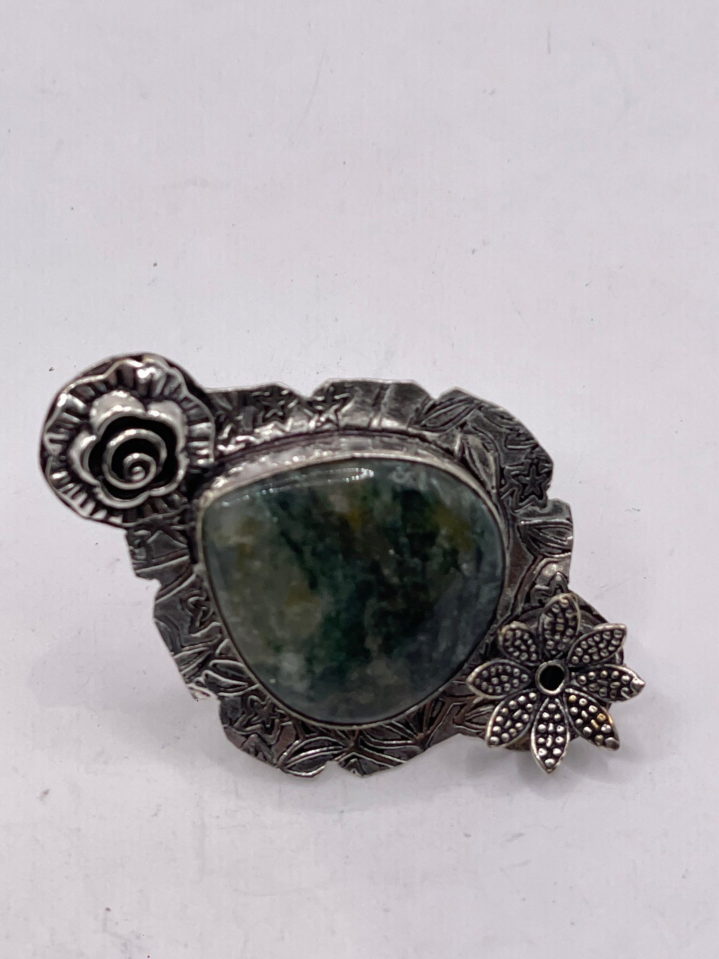 Vintage Green Agate Silver Cocktail Ring