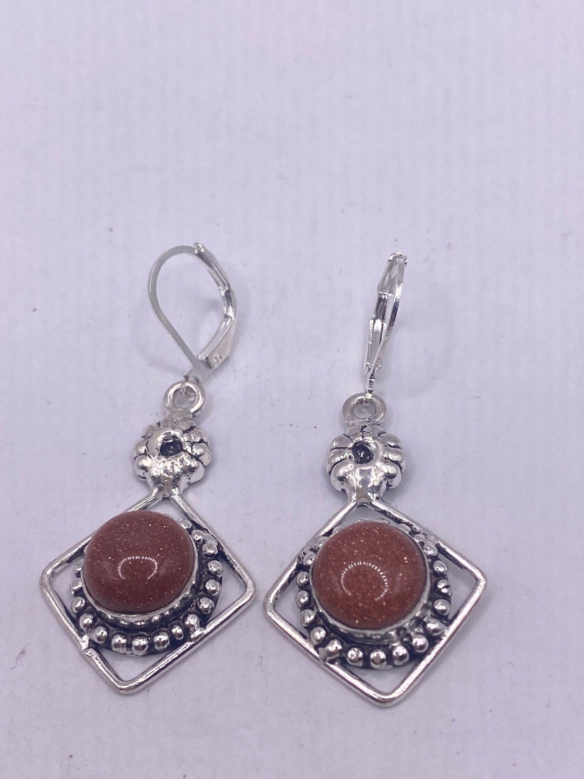 Vintage Chandelier Earrings Goldstone Silver Lever Back Dangle