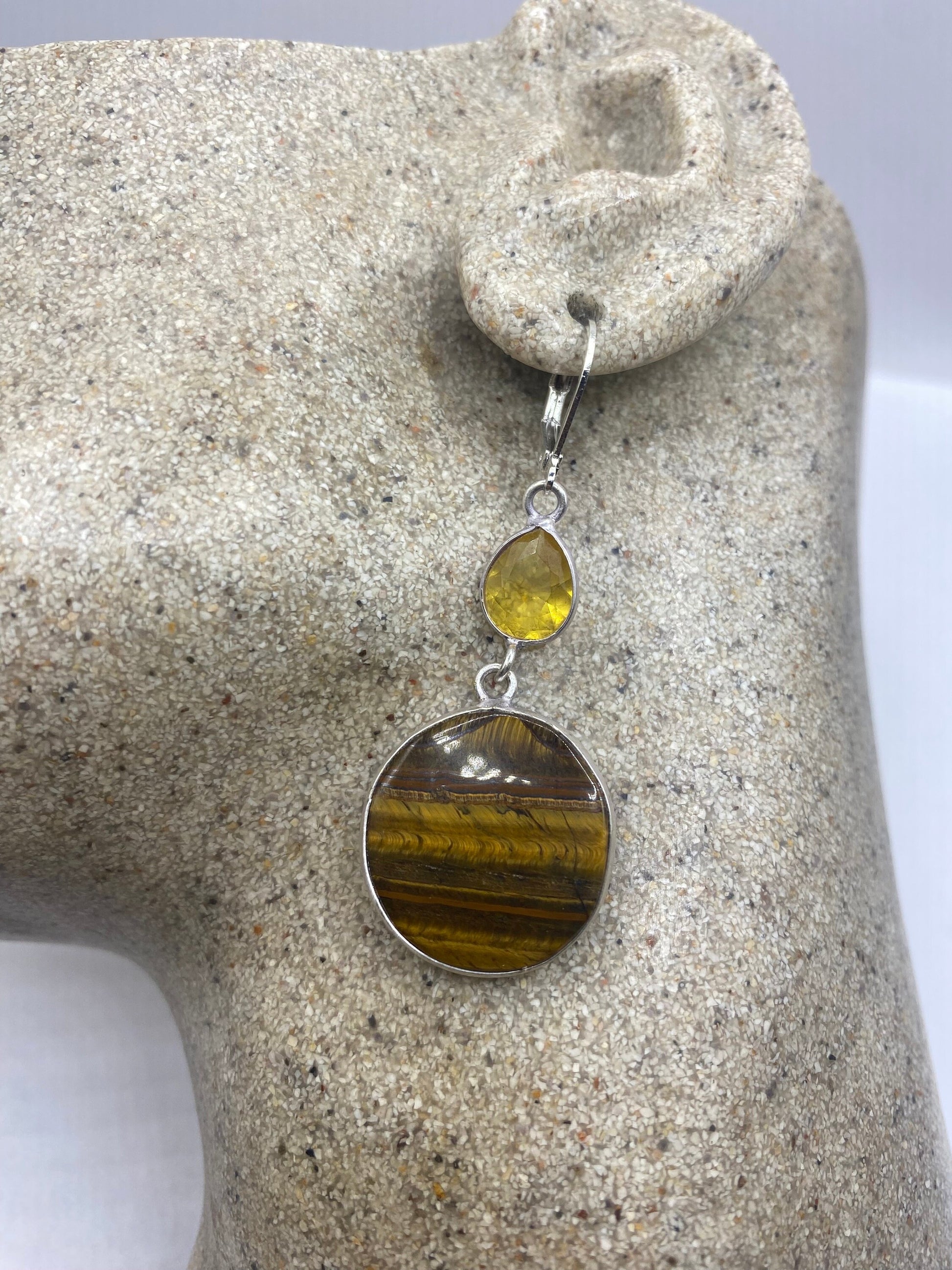 Vintage Tigers Eye Dangle Earrings 925 Sterling Silver Lever Backs