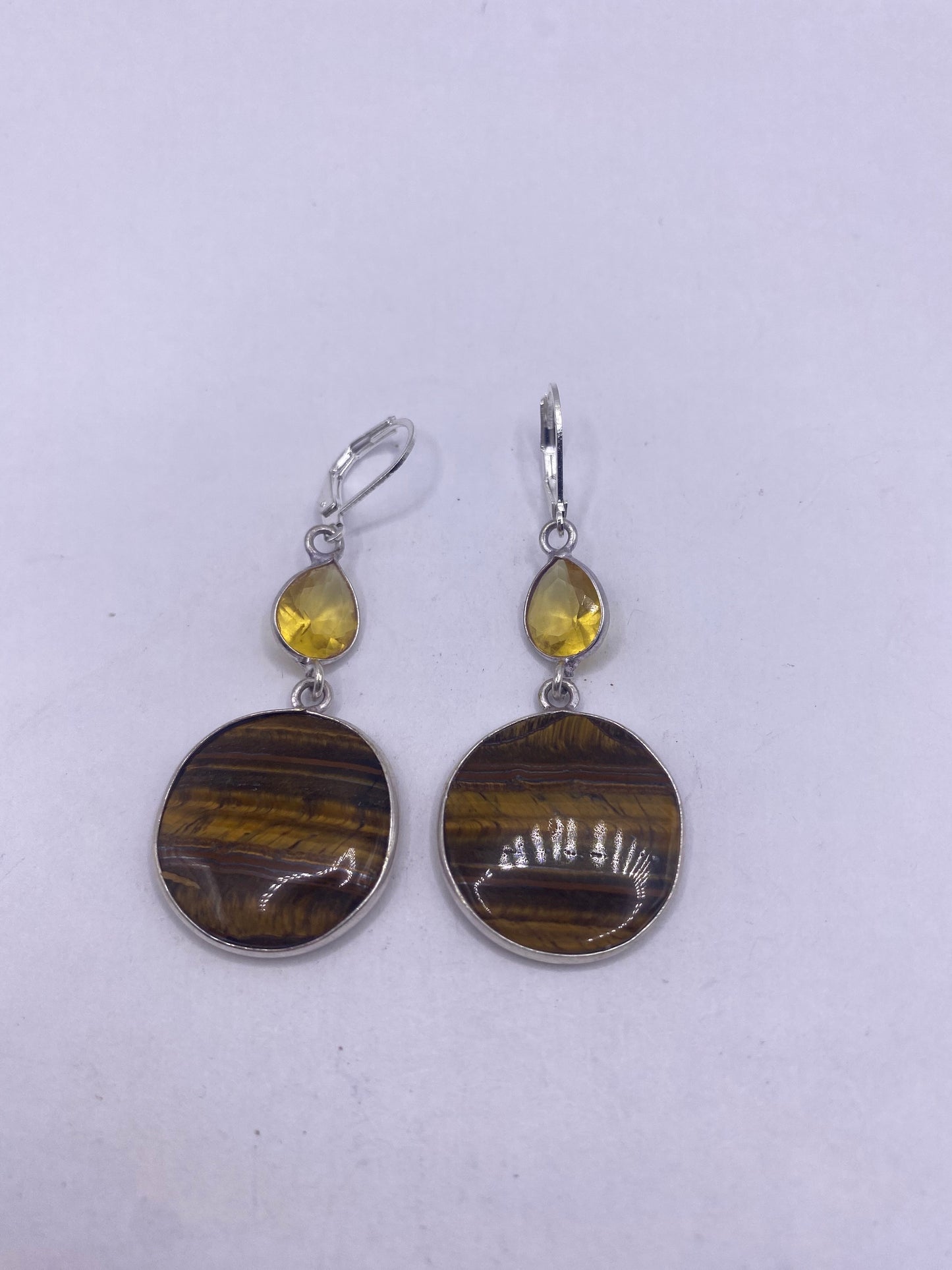 Vintage Tigers Eye Dangle Earrings 925 Sterling Silver Lever Backs